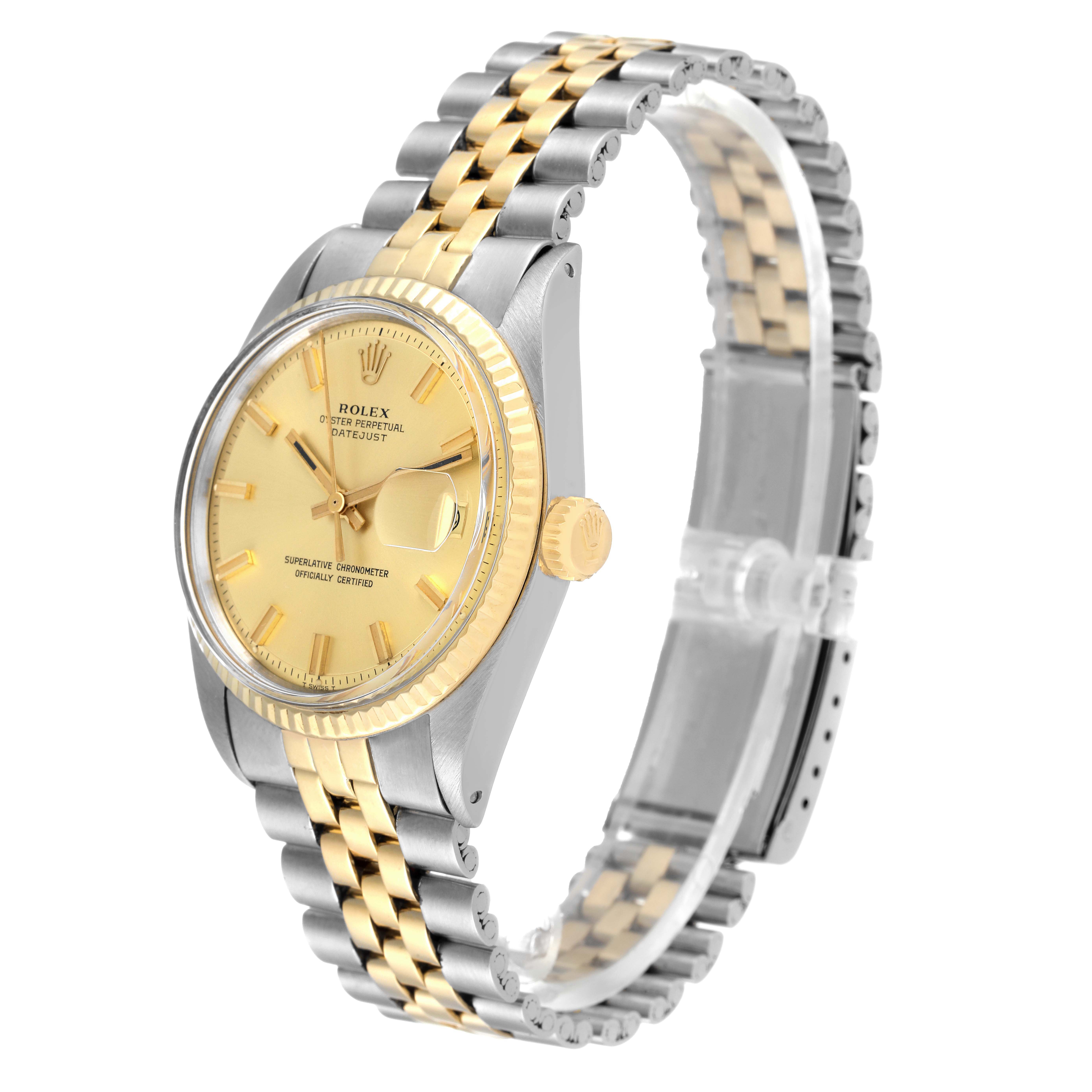 The image shows a Rolex Datejust 1601 Men
s Steel and Gold (two tone) Champagne Dial 1601 Men
s Steel and Gold (two tone) Champagne Dial watch angled to display the face, bezel, crown, and two-tone bracelet.