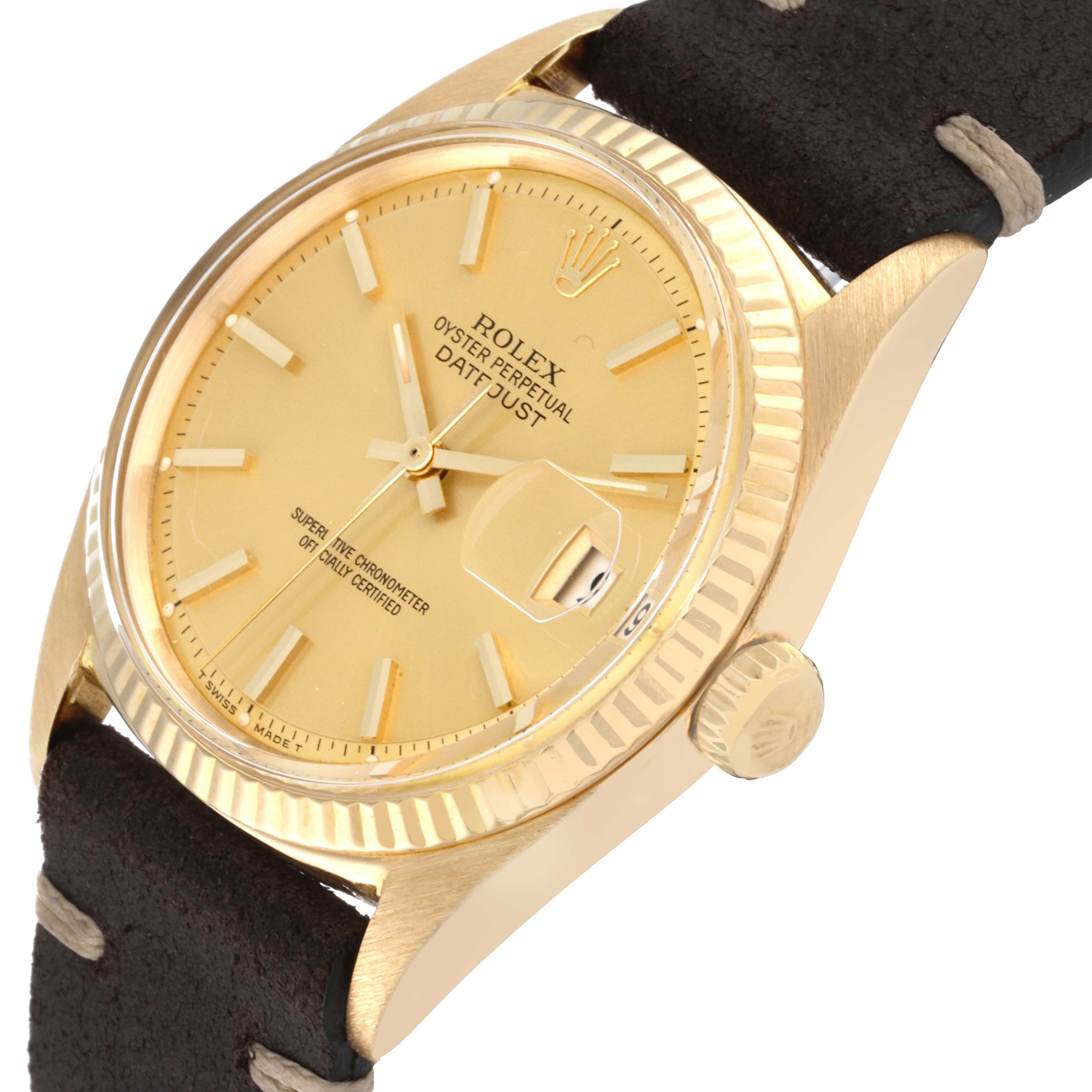 The image shows a close-up side angle of the Rolex Vintage Collection 1601 Men's Yellow Gold Champagne Dial 1601 Men's Yellow Gold Champagne Dial Oyster Perpetual Datejust watch, highlighting its dial and strap.