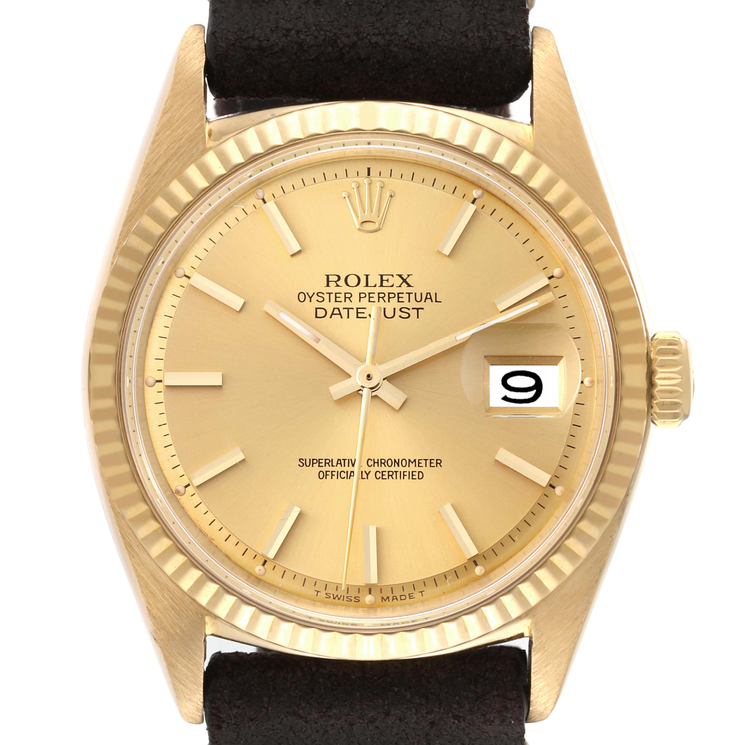 This image shows a Rolex Vintage Collection 1601 Men's Yellow Gold Champagne Dial 1601 Men's Yellow Gold Champagne Dial Oyster Perpetual Datejust watch from a front angle, detailing the dial, hands, date window, and bezel.
