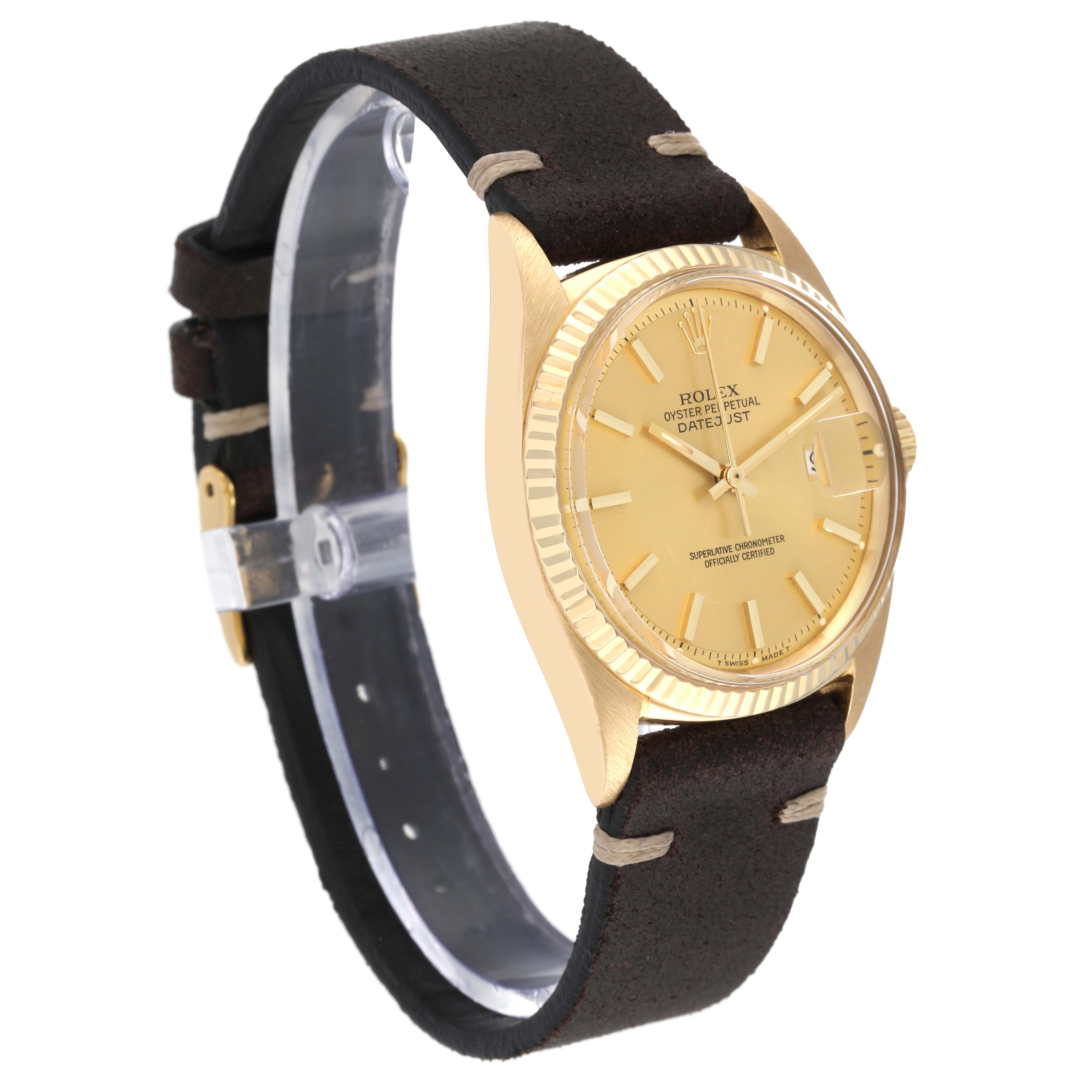 The Rolex Vintage Collection 1601 Men's Yellow Gold Champagne Dial 1601 Men's Yellow Gold Champagne Dial model is shown at a slight angle, displaying the watch face, bezel, case, and strap.