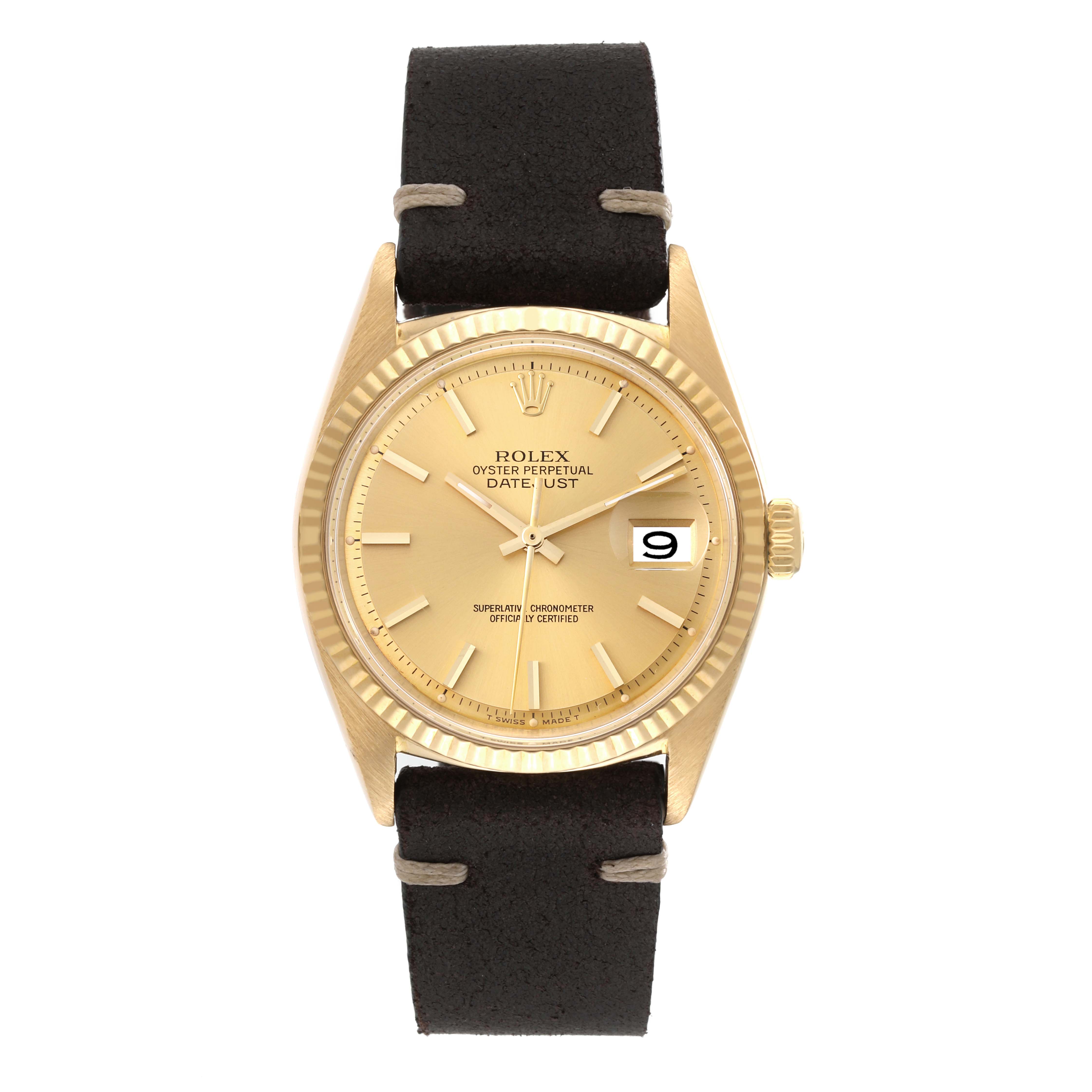The image shows a frontal view of the Rolex Vintage Collection 1601 Men's Yellow Gold Champagne Dial 1601 Men's Yellow Gold Champagne Dial model, displaying its face, bezel, and leather strap.