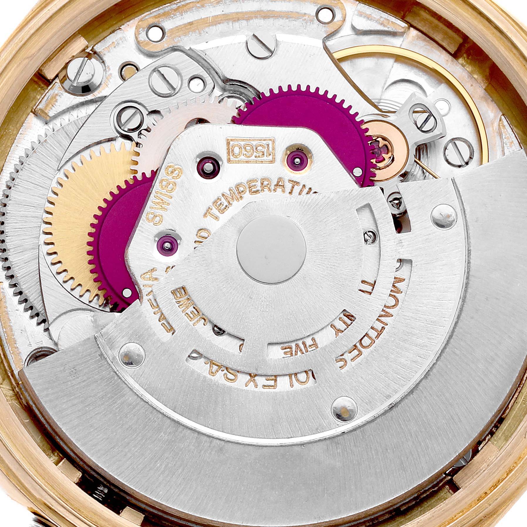 This image shows the intricate internal mechanism of the Rolex Vintage Collection 1601 Men's Yellow Gold Champagne Dial 1601 Men's Yellow Gold Champagne Dial watch, viewed from the back.
