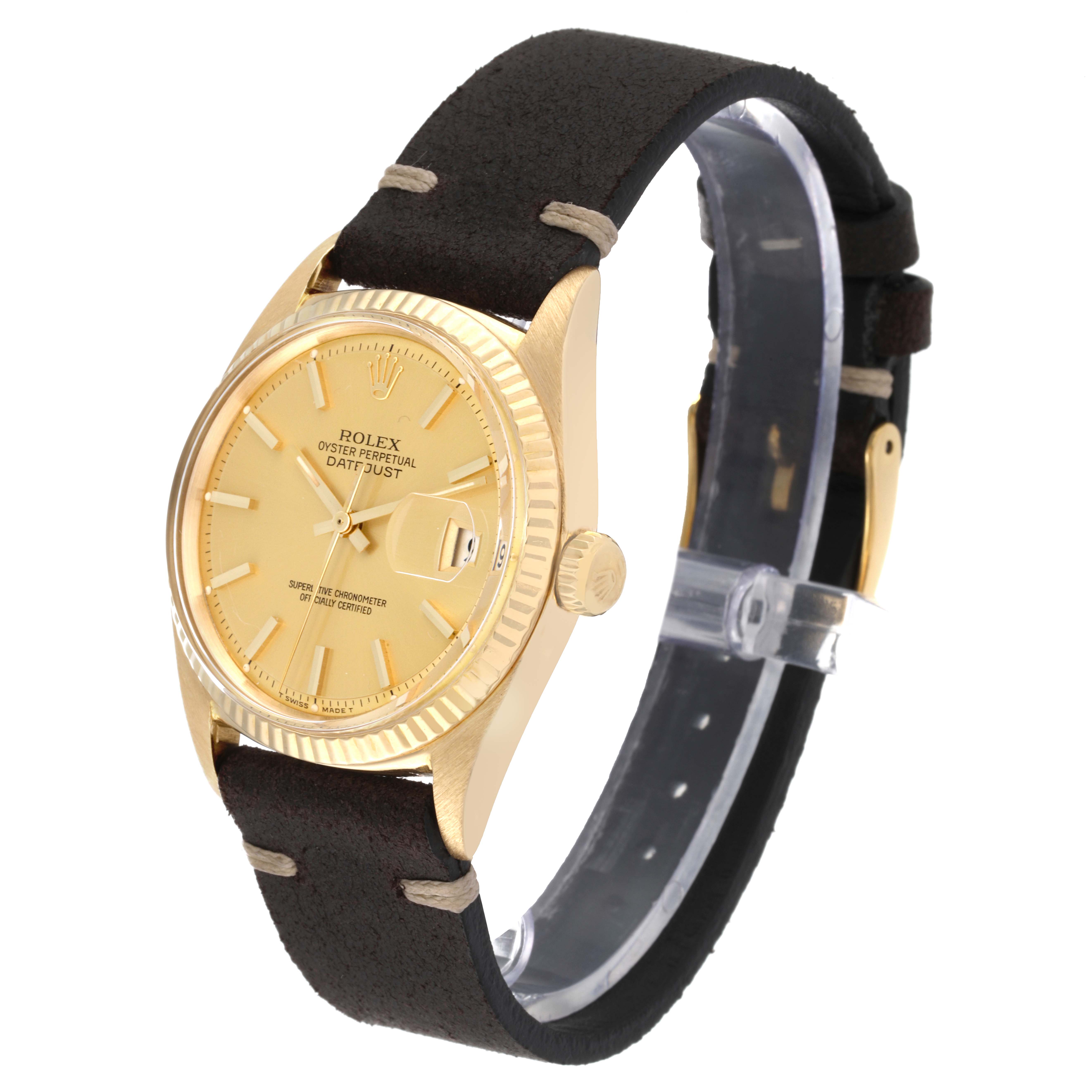 The image shows a Rolex Vintage Collection 1601 Men's Yellow Gold Champagne Dial 1601 Men's Yellow Gold Champagne Dial Datejust watch from a front-right angle, highlighting its face, bezel, crown, and leather strap.