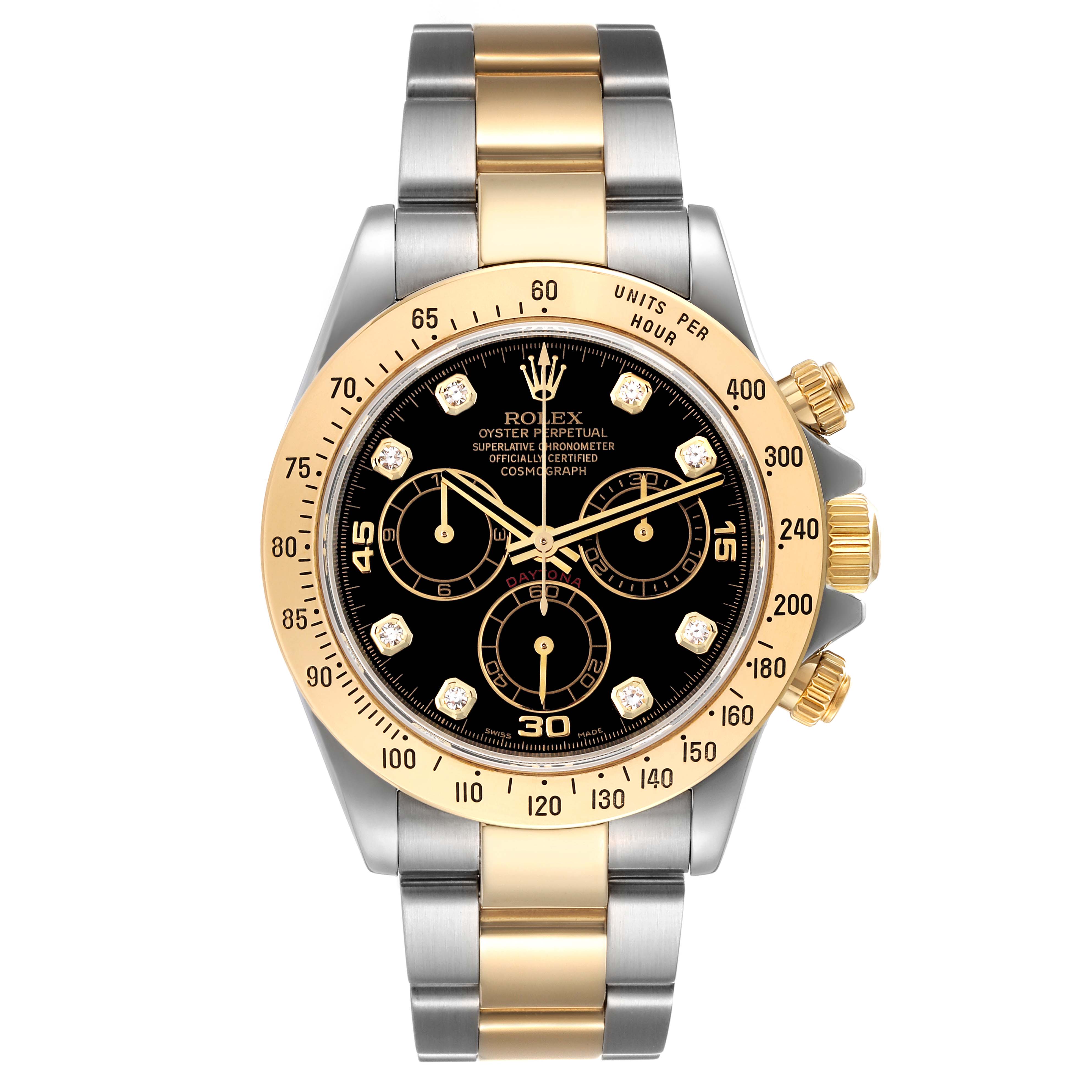 This image shows a front view of the Rolex Daytona 116523 Men
s Steel and Gold (two tone) Black Dial 116523 Men
s Steel and Gold (two tone) Black Dial watch, highlighting its black dial, gold bezel, and two-tone metal bracelet.