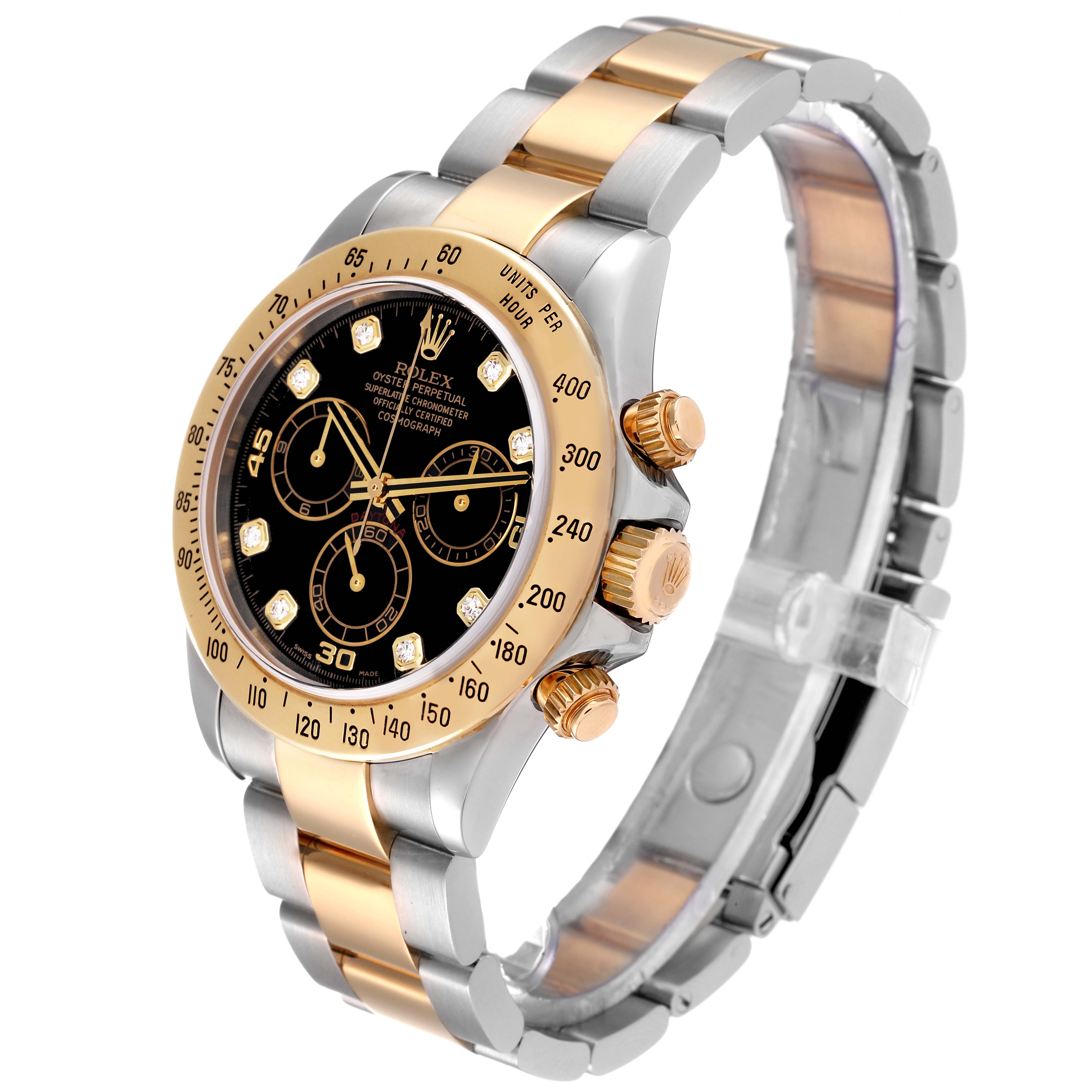 The Rolex Daytona 116523 Men
s Steel and Gold (two tone) Black Dial 116523 Men
s Steel and Gold (two tone) Black Dial watch is shown at a slight angle displaying the dial, bezel, case, crown, and part of the bracelet.