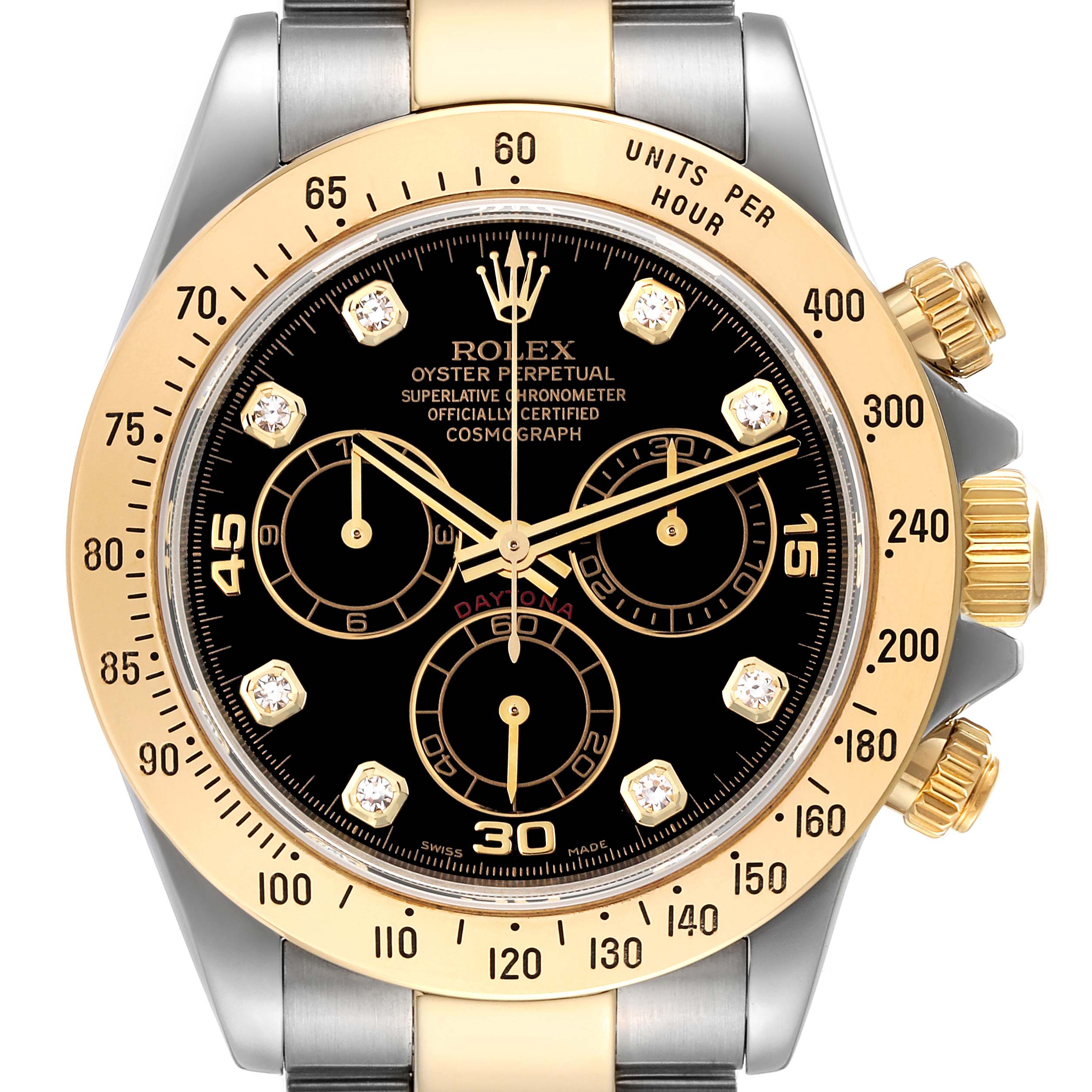 The image shows a front view of a Rolex Daytona 116523 Men
s Steel and Gold (two tone) Black Dial 116523 Men
s Steel and Gold (two tone) Black Dial watch with a gold bezel, black dial, and three sub-dials.