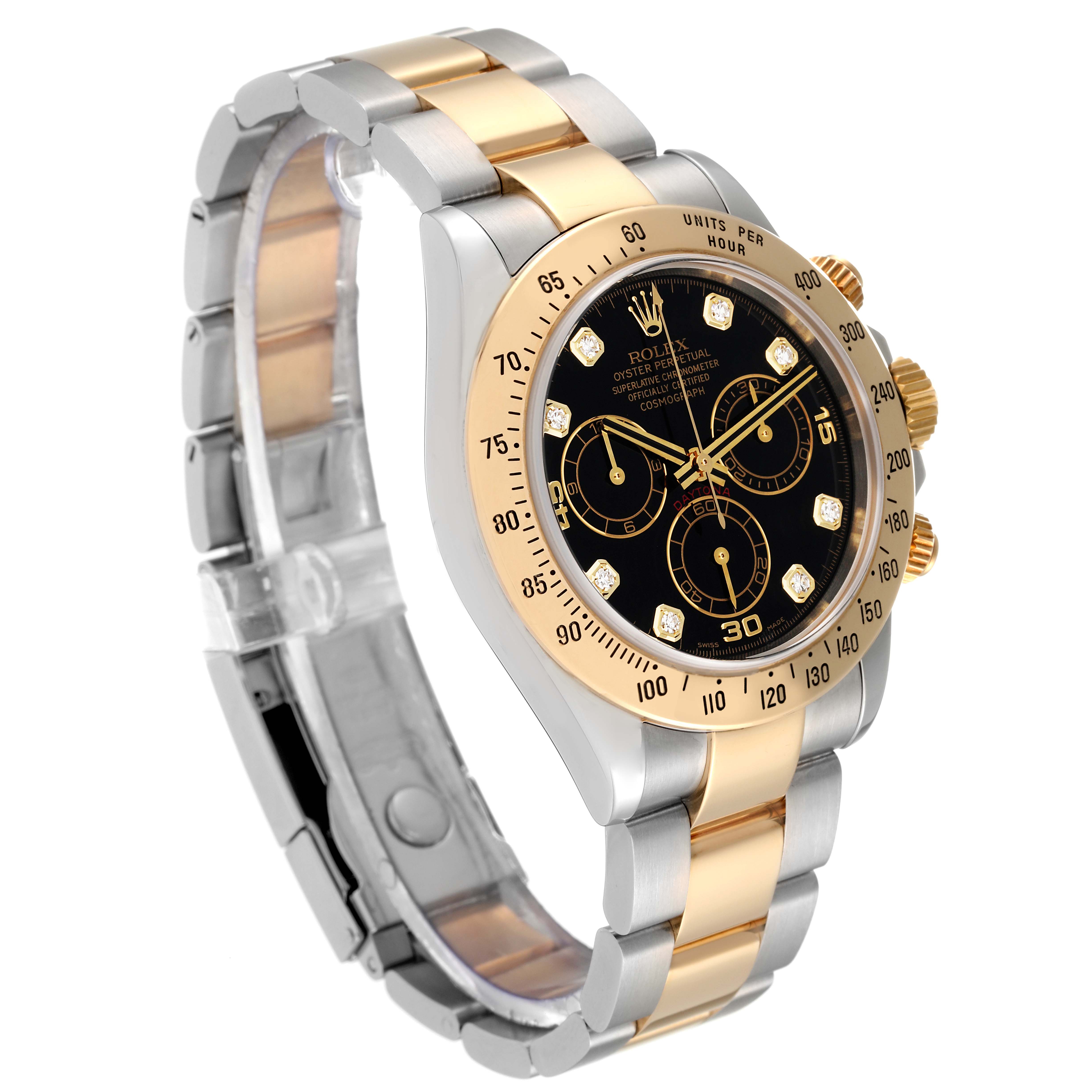 The image shows a Rolex Daytona 116523 Men
s Steel and Gold (two tone) Black Dial 116523 Men
s Steel and Gold (two tone) Black Dial watch at a three-quarter angle, highlighting its face, bezel, crown, and bracelet.