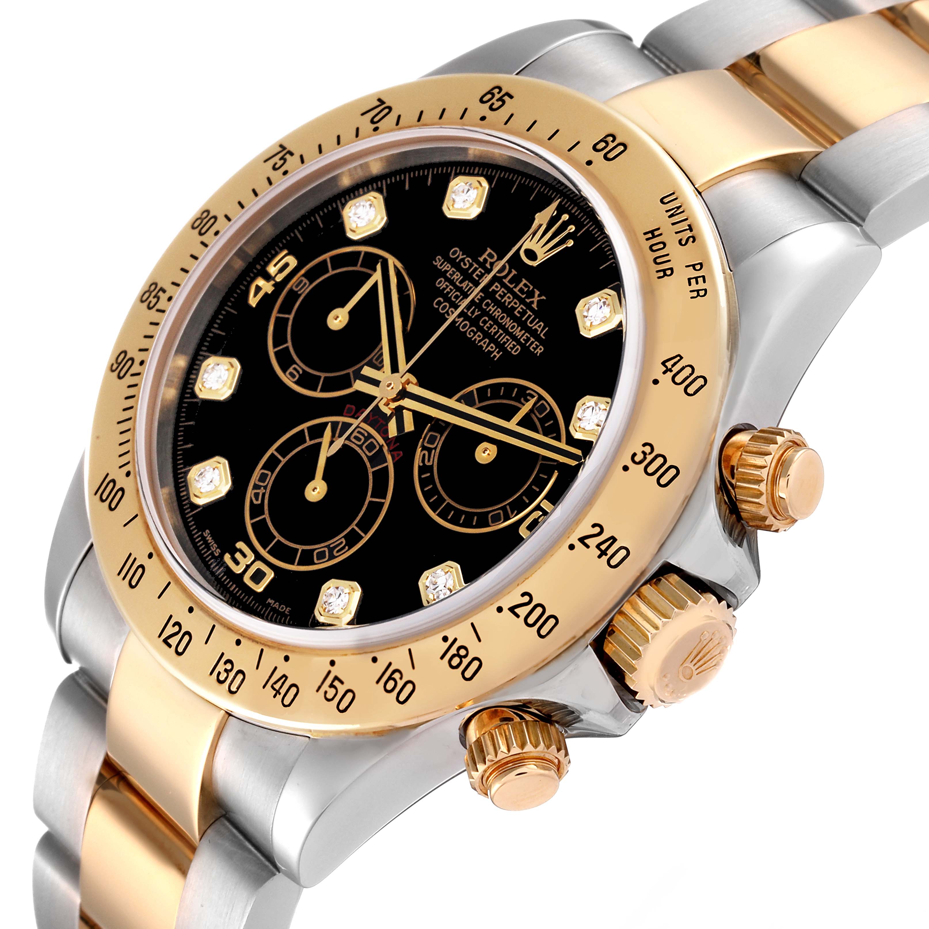 The image shows a close-up side angle of the Rolex Daytona 116523 Men
s Steel and Gold (two tone) Black Dial 116523 Men
s Steel and Gold (two tone) Black Dial, highlighting its bezel, dial, and crown.