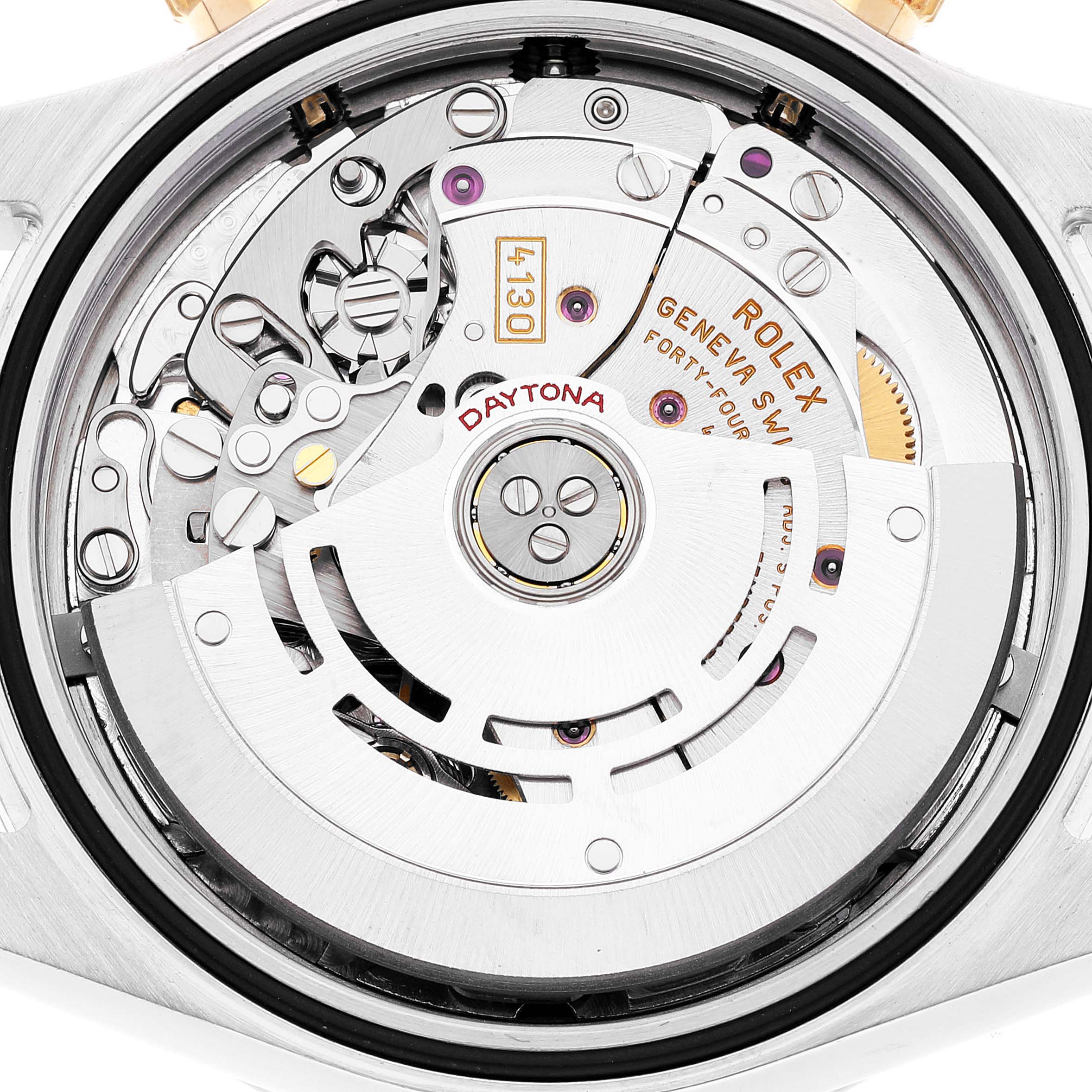This image shows the movement and internal mechanism of a Rolex Daytona 116523 Men
s Steel and Gold (two tone) Black Dial 116523 Men
s Steel and Gold (two tone) Black Dial watch from a rear angle.