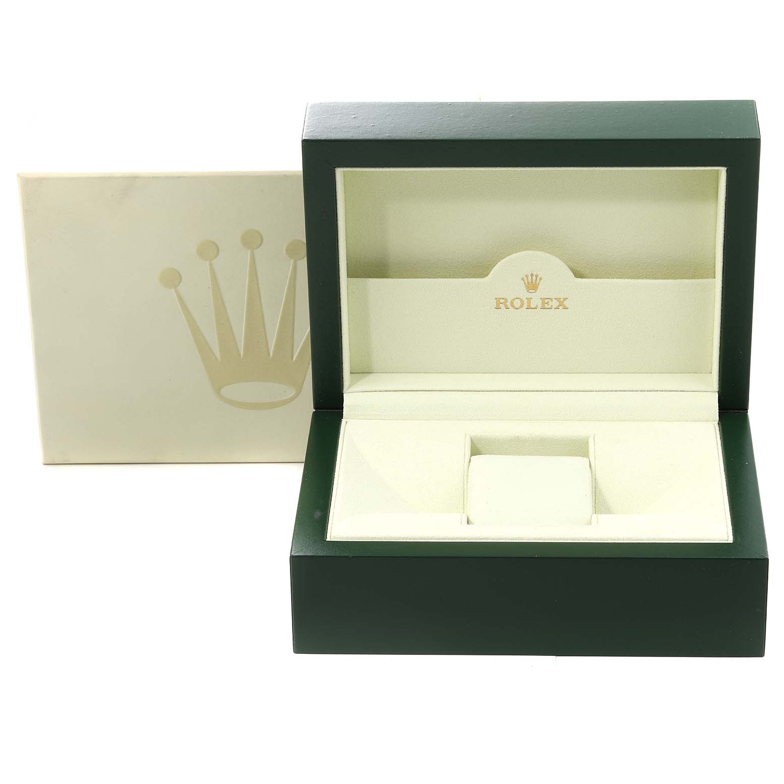The image shows an open Rolex watch box designed for the Daytona model with a cushioned compartment for housing the watch.