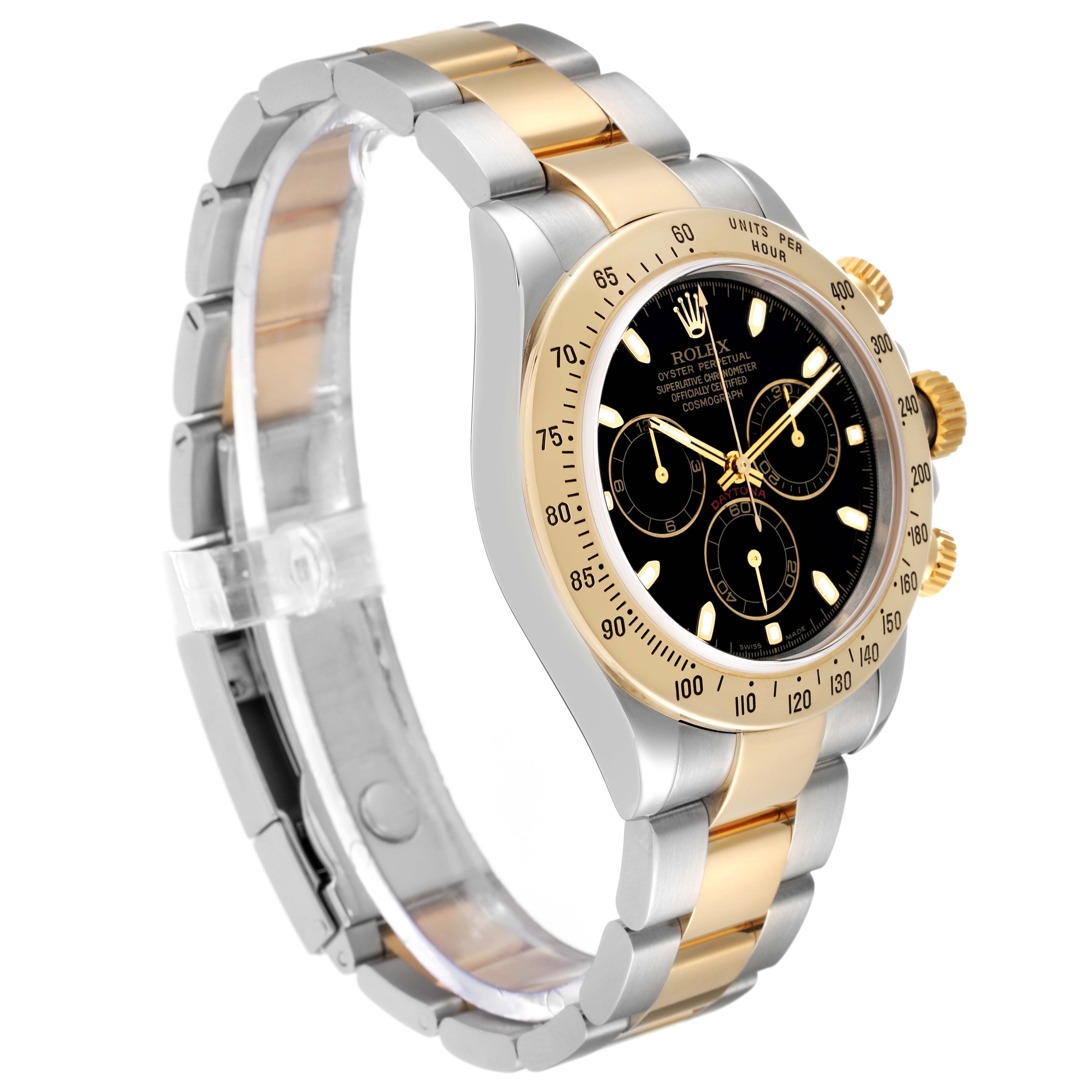 The Rolex Daytona 116523 Men's Steel and Gold (two tone) Black Dial 116523 Men's Steel and Gold (two tone) Black Dial watch is shown at an angle displaying the face, bezel, crown, and bracelet with gold and silver tones.