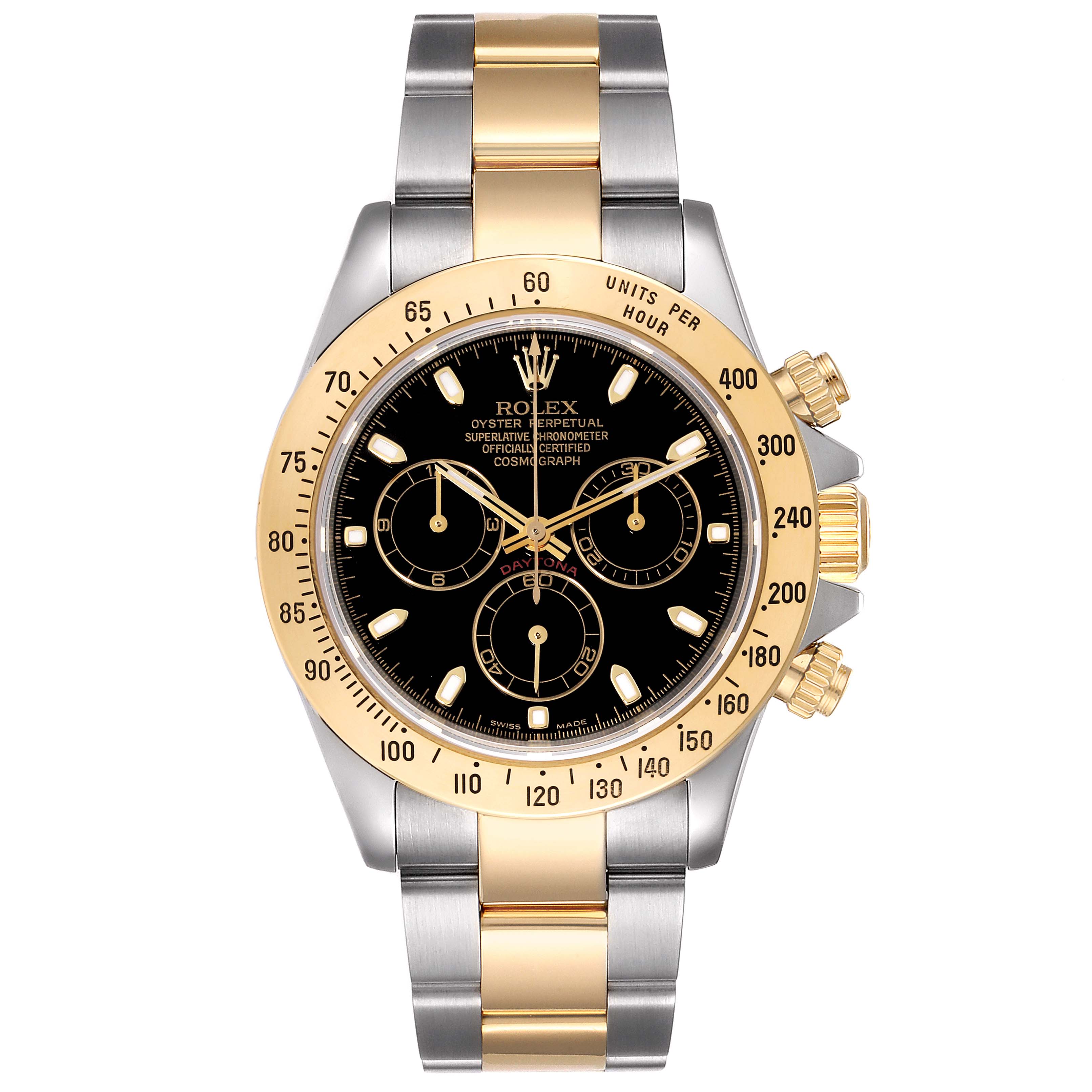 This image shows a front view of a Rolex Daytona 116523 Men's Steel and Gold (two tone) Black Dial 116523 Men's Steel and Gold (two tone) Black Dial watch, highlighting its bezel, dial, and bracelet.