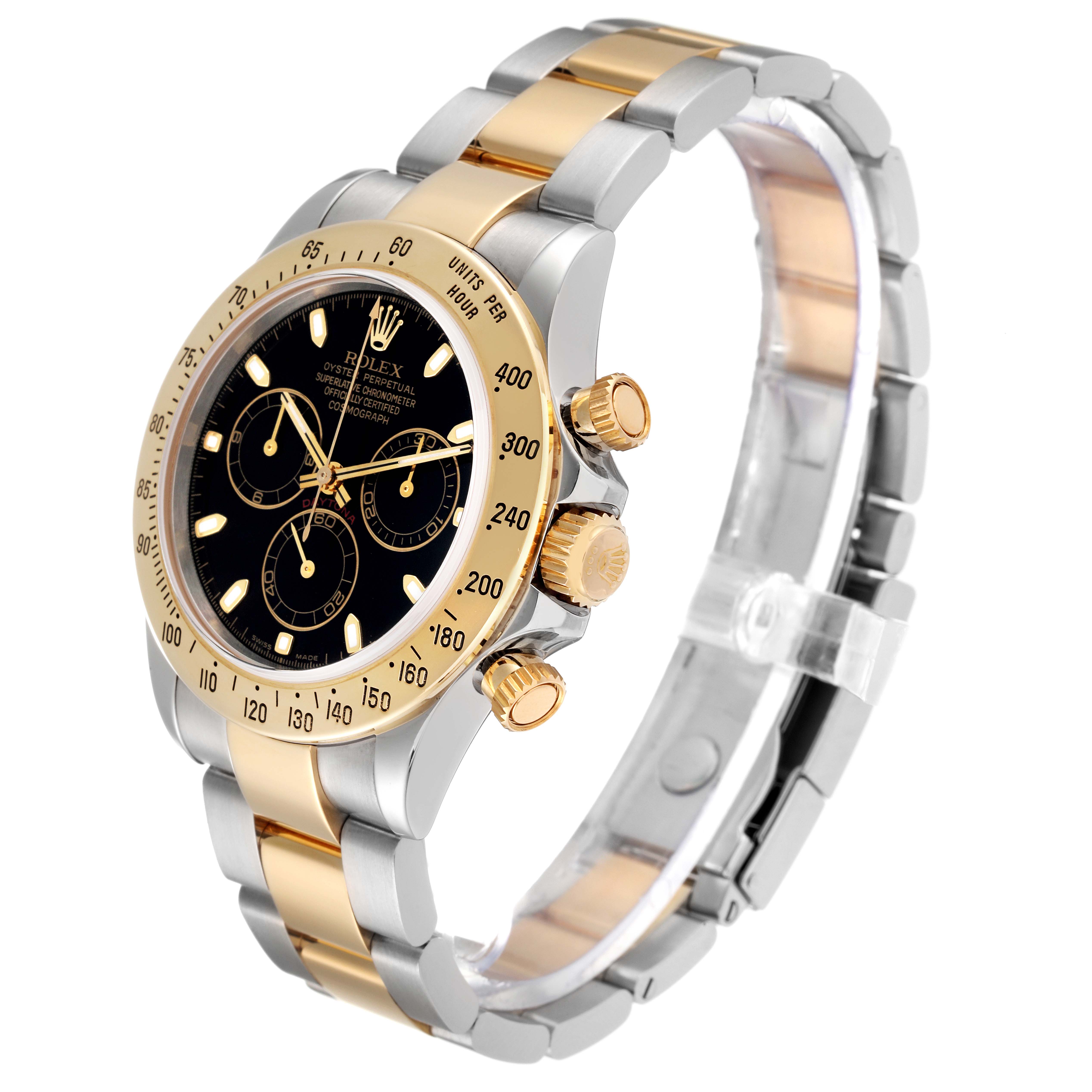 The Rolex Daytona 116523 Men's Steel and Gold (two tone) Black Dial 116523 Men's Steel and Gold (two tone) Black Dial watch is shown at an angled side view, displaying the face, bezel, case, and bracelet.