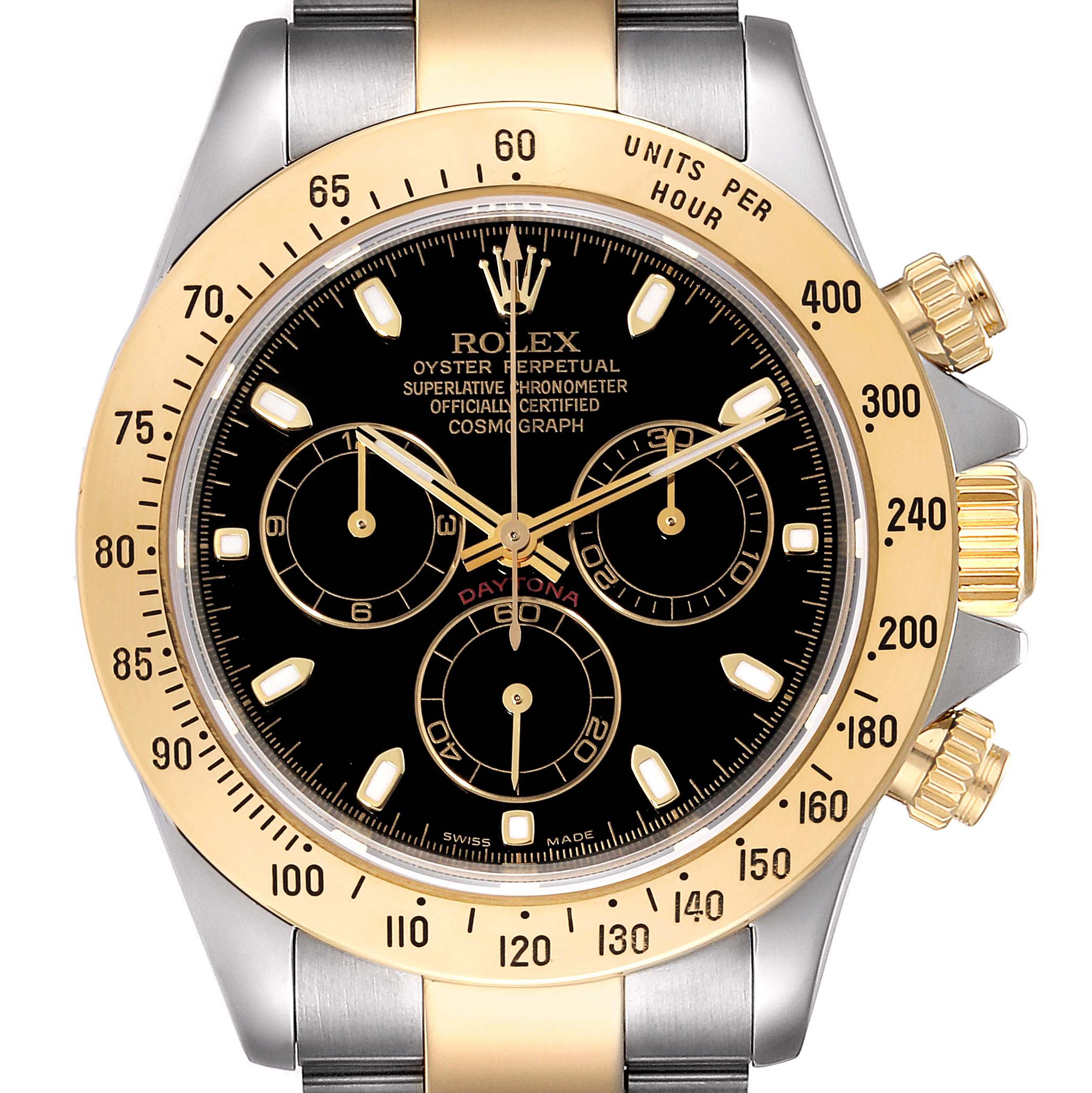 This Rolex Daytona 116523 Men's Steel and Gold (two tone) Black Dial 116523 Men's Steel and Gold (two tone) Black Dial watch is shown from the front, highlighting its dial, bezel, and crown.