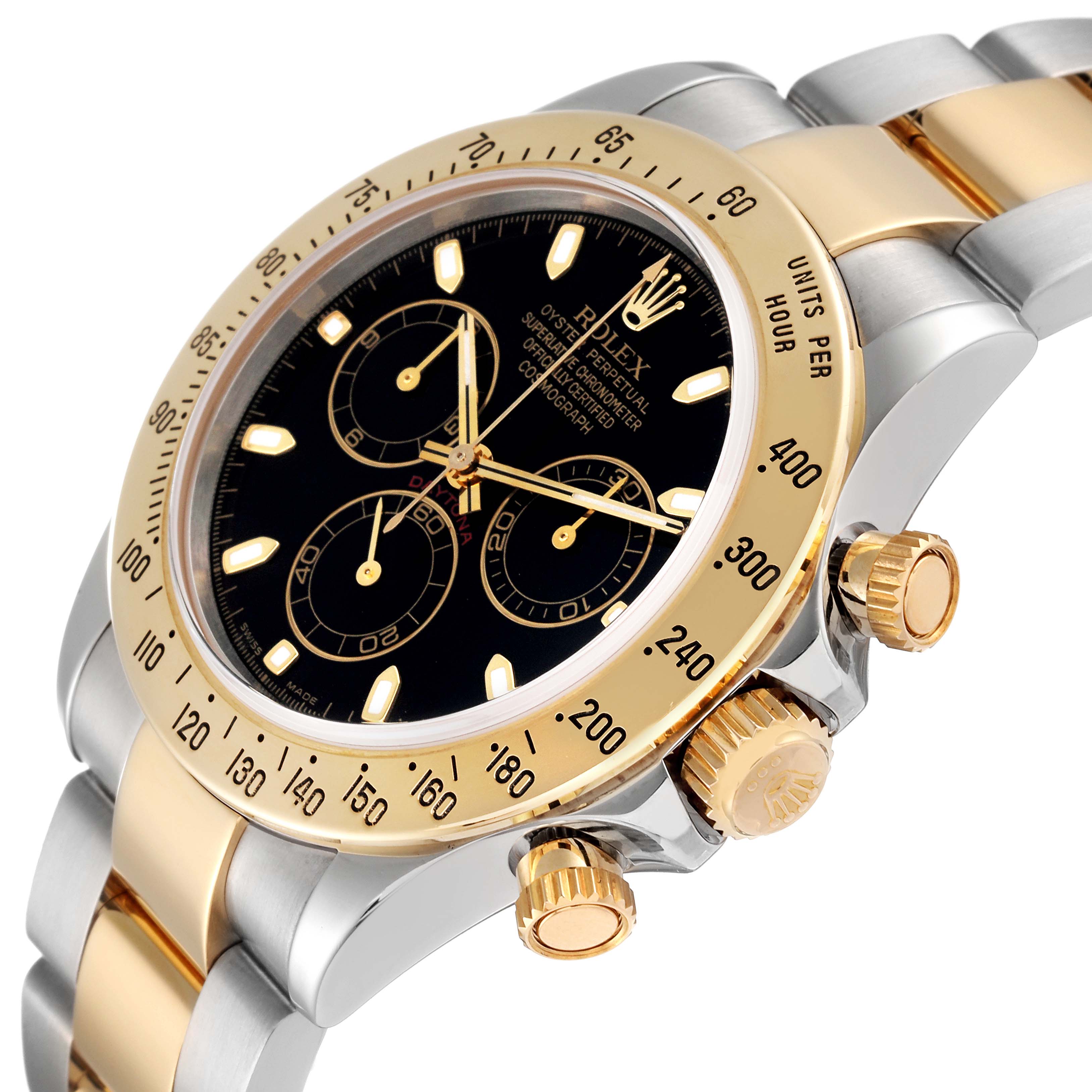 The image shows a close-up, angled view of the Rolex Daytona 116523 Men's Steel and Gold (two tone) Black Dial 116523 Men's Steel and Gold (two tone) Black Dial watch, highlighting the bezel, dial, and chronograph pushers.