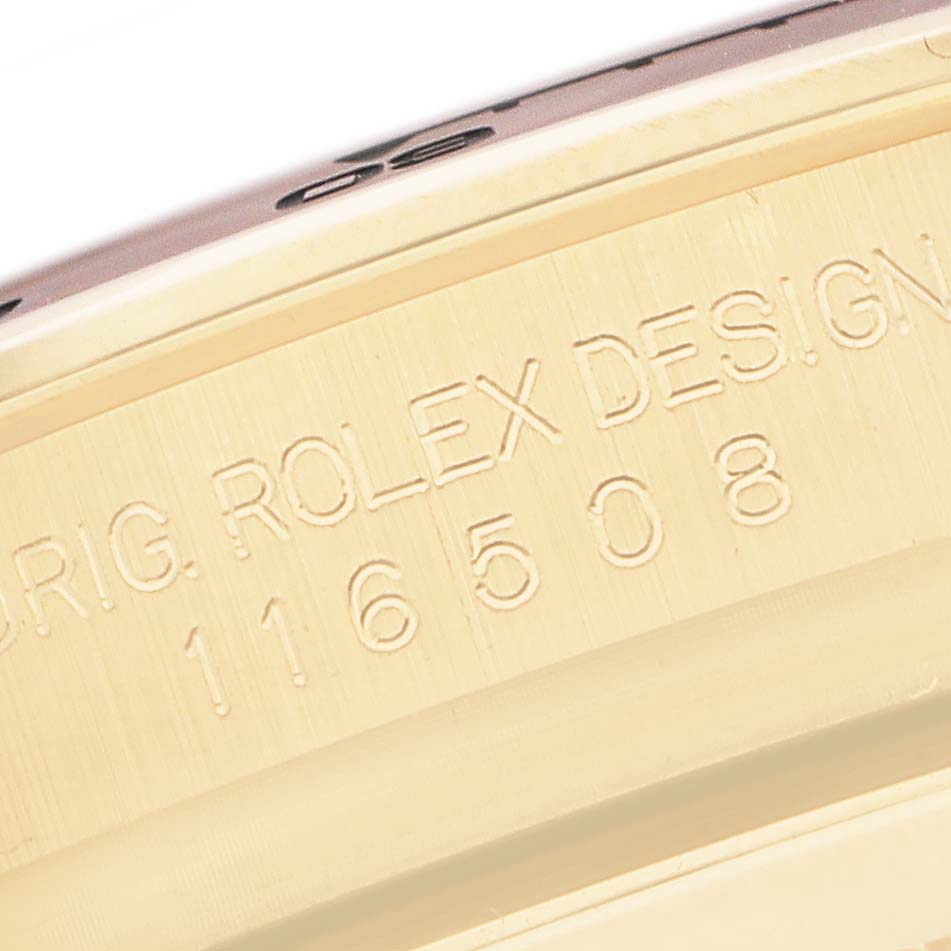 The image shows a close-up view of the engraved model number "116508" on a Rolex Daytona, highlighting the inner bezel or rehaut area.