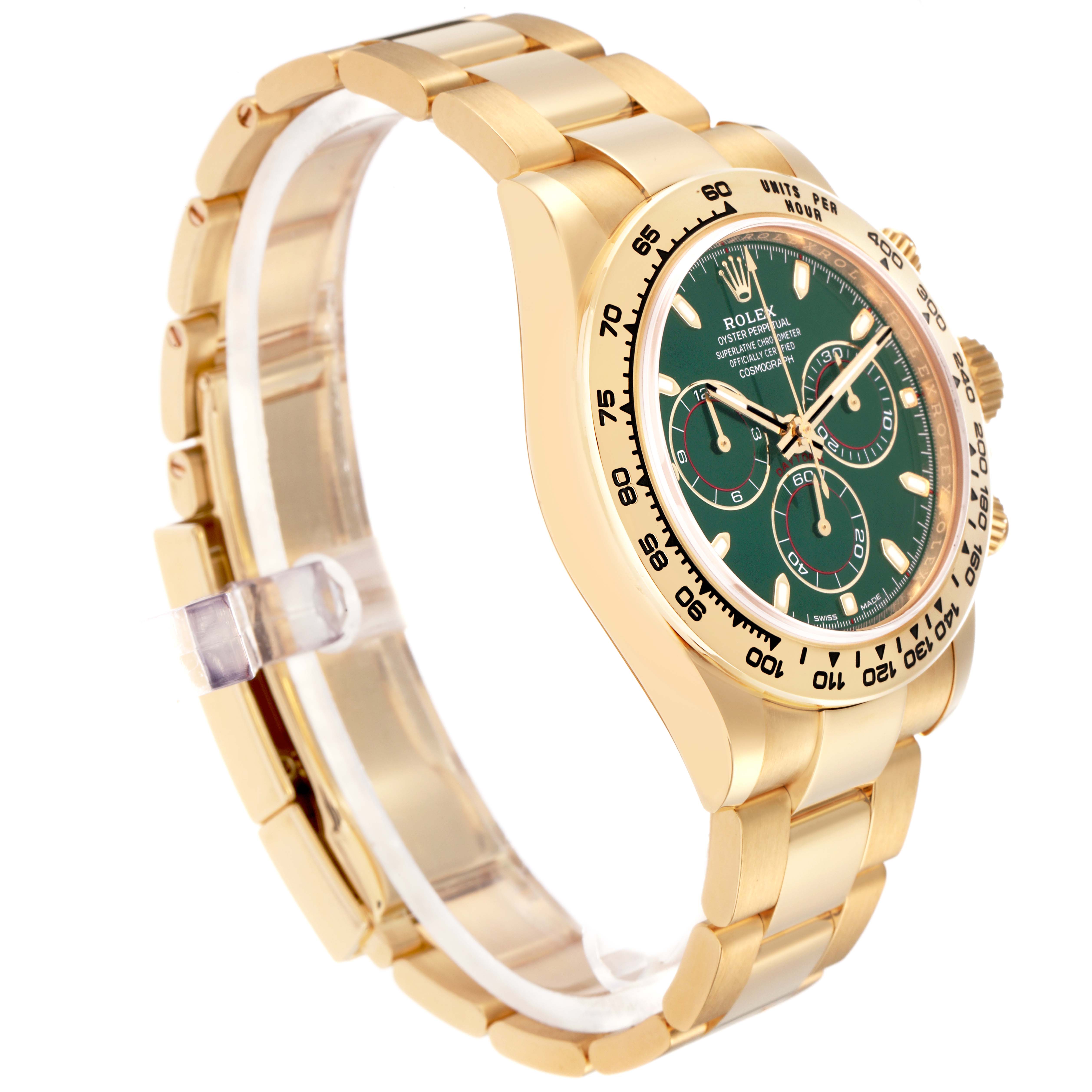 The image shows a Rolex Daytona model 116508 men
s watch at a slight side angle, highlighting the gold bracelet, bezel, and green dial with chronograph subdials.