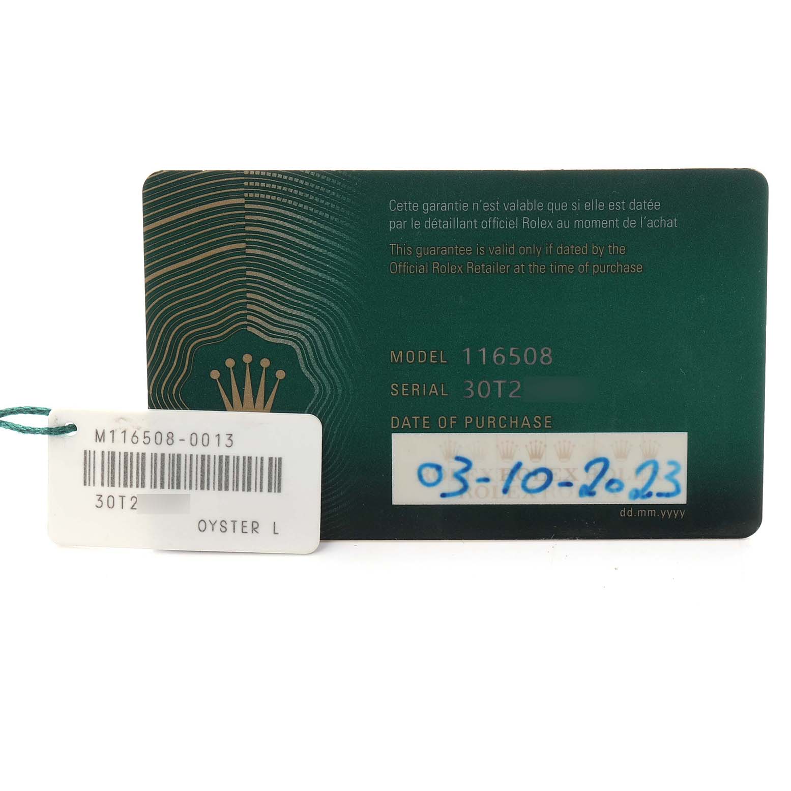 The image shows the warranty card and tag for a Rolex Daytona model 116508 men
s watch, displaying the model number, serial number, and purchase date.