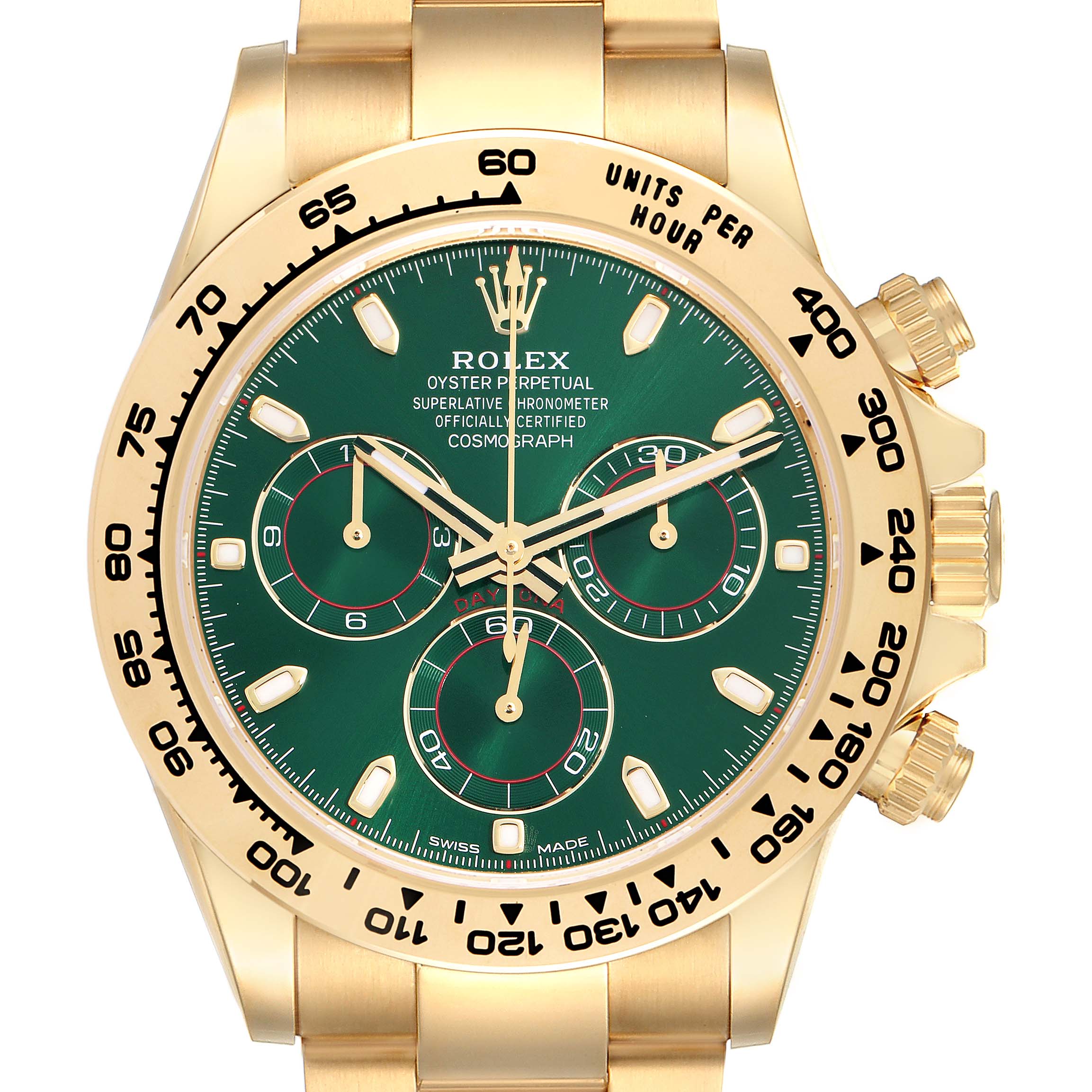 The image shows a Rolex Daytona model 116508 men
s watch from a front angle, highlighting its green dial, gold case, and tachymetric scale on the bezel.