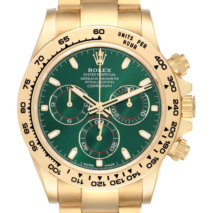 The image shows a Rolex Daytona model 116508 men's watch from a front angle, highlighting its green dial, gold case, and tachymetric scale on the bezel.
