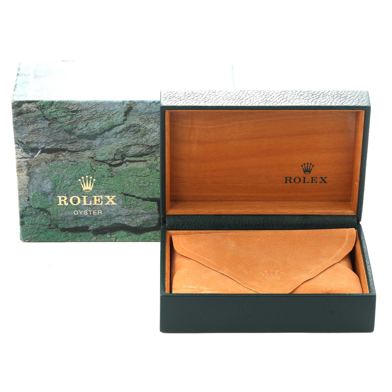 The image shows an open Rolex watch box for the Explorer model, model number 114270, with a green outer box and a wooden interior, including a suede pouch.