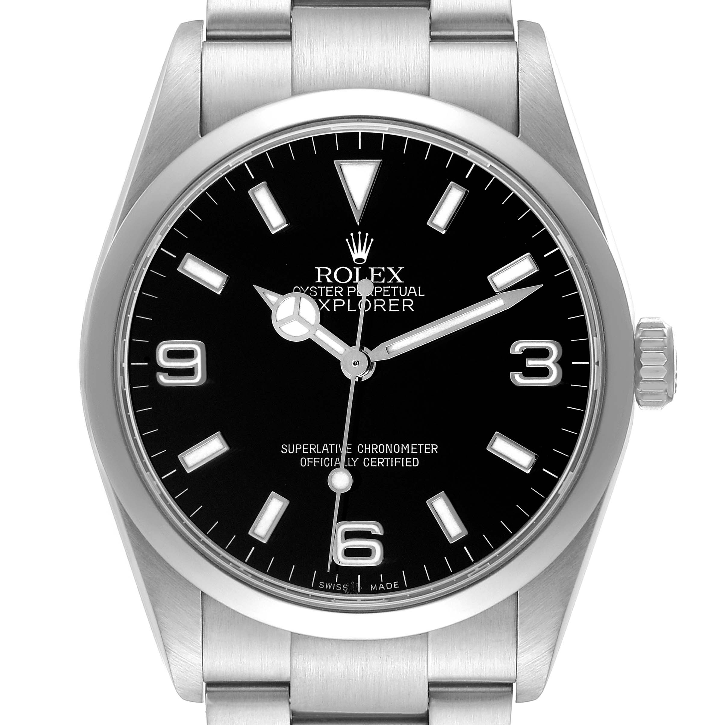The image shows a front view of the Rolex Explorer model 114270 men
s watch, displaying the face, bezel, crown, and part of the bracelet.