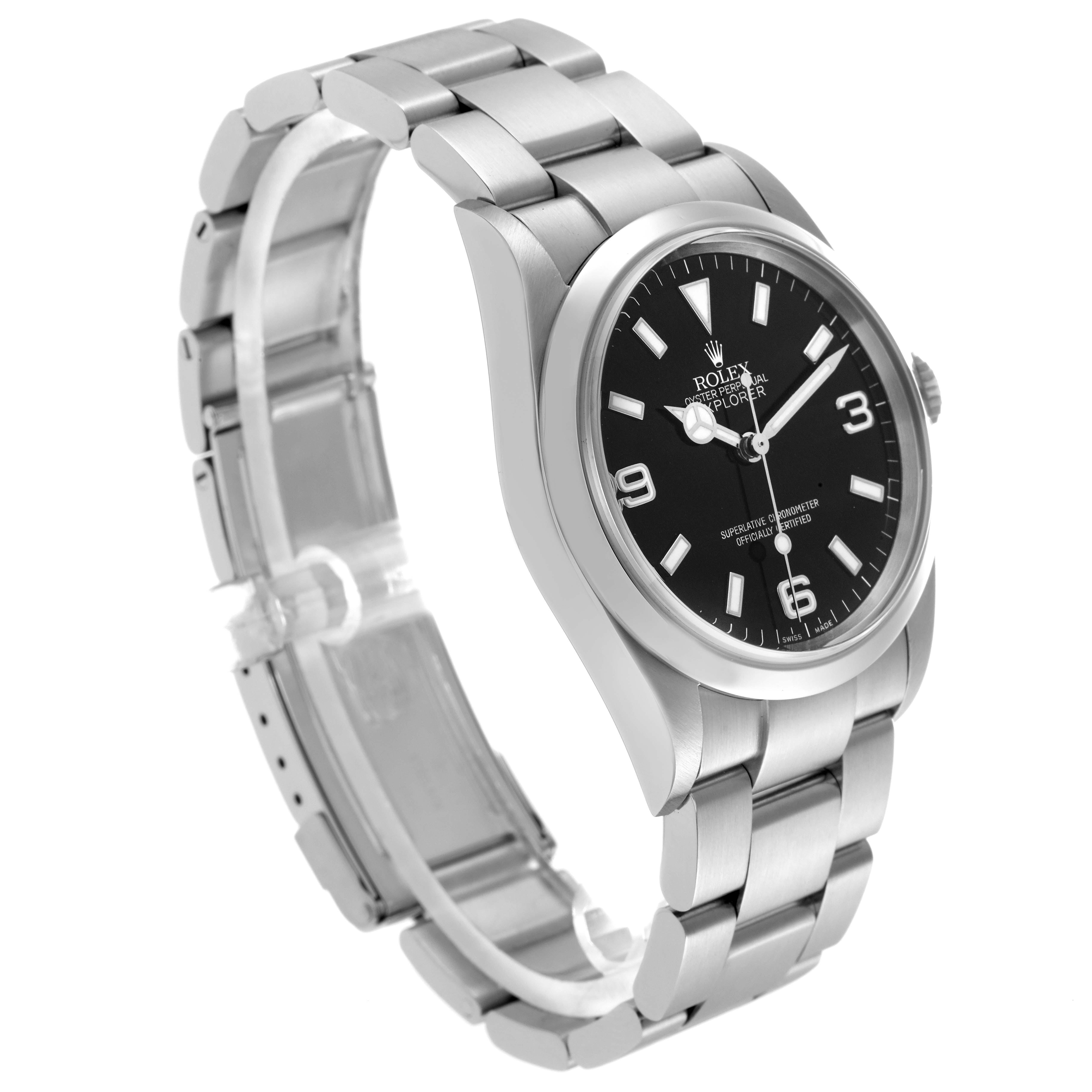 The image shows a Rolex Explorer model 114270 men
s watch at an angled view, displaying the face, bezel, case, and part of the stainless steel bracelet.