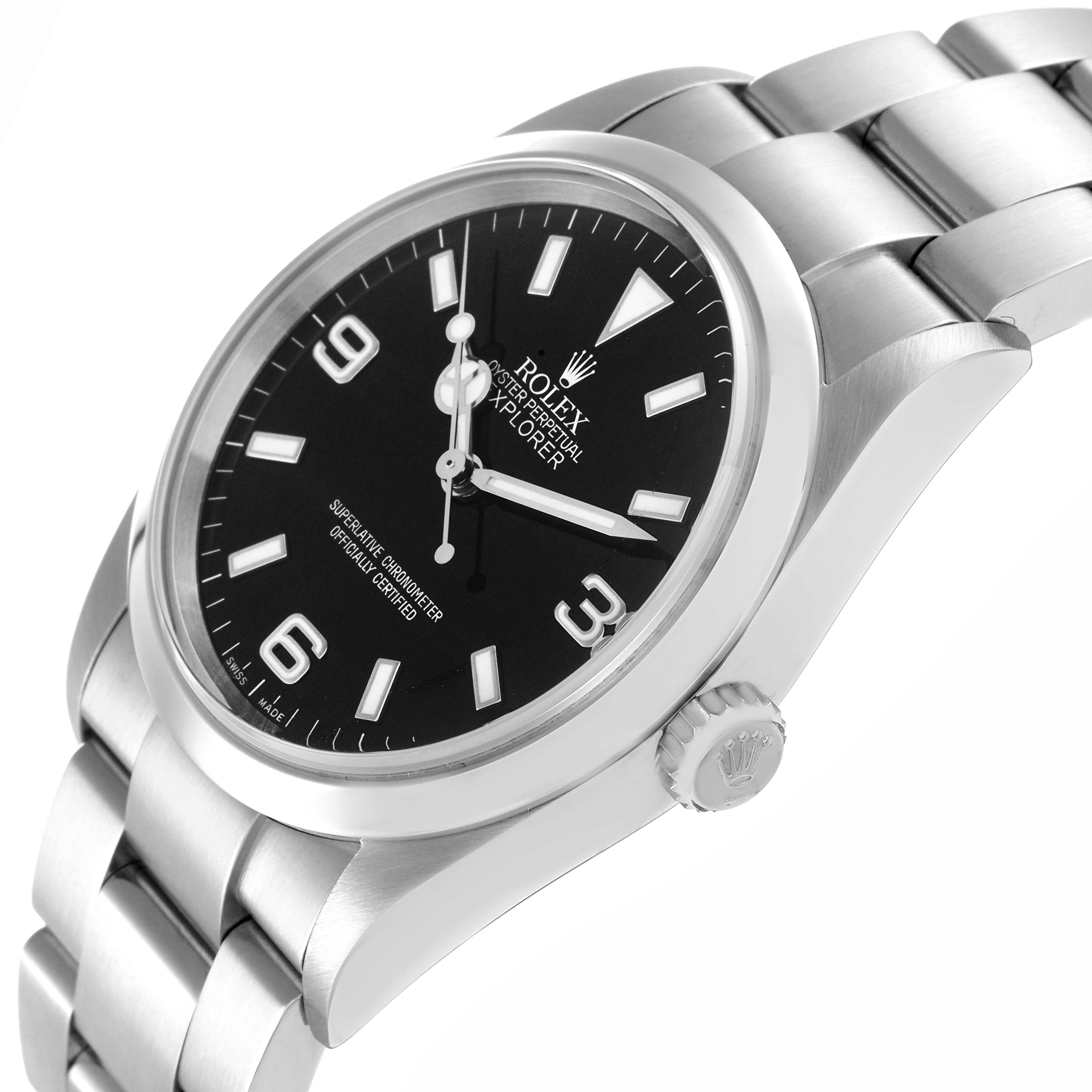 The Rolex Explorer model 114270 is shown at an angled view featuring the dial, crown, and part of the bracelet, highlighting its sleek design.