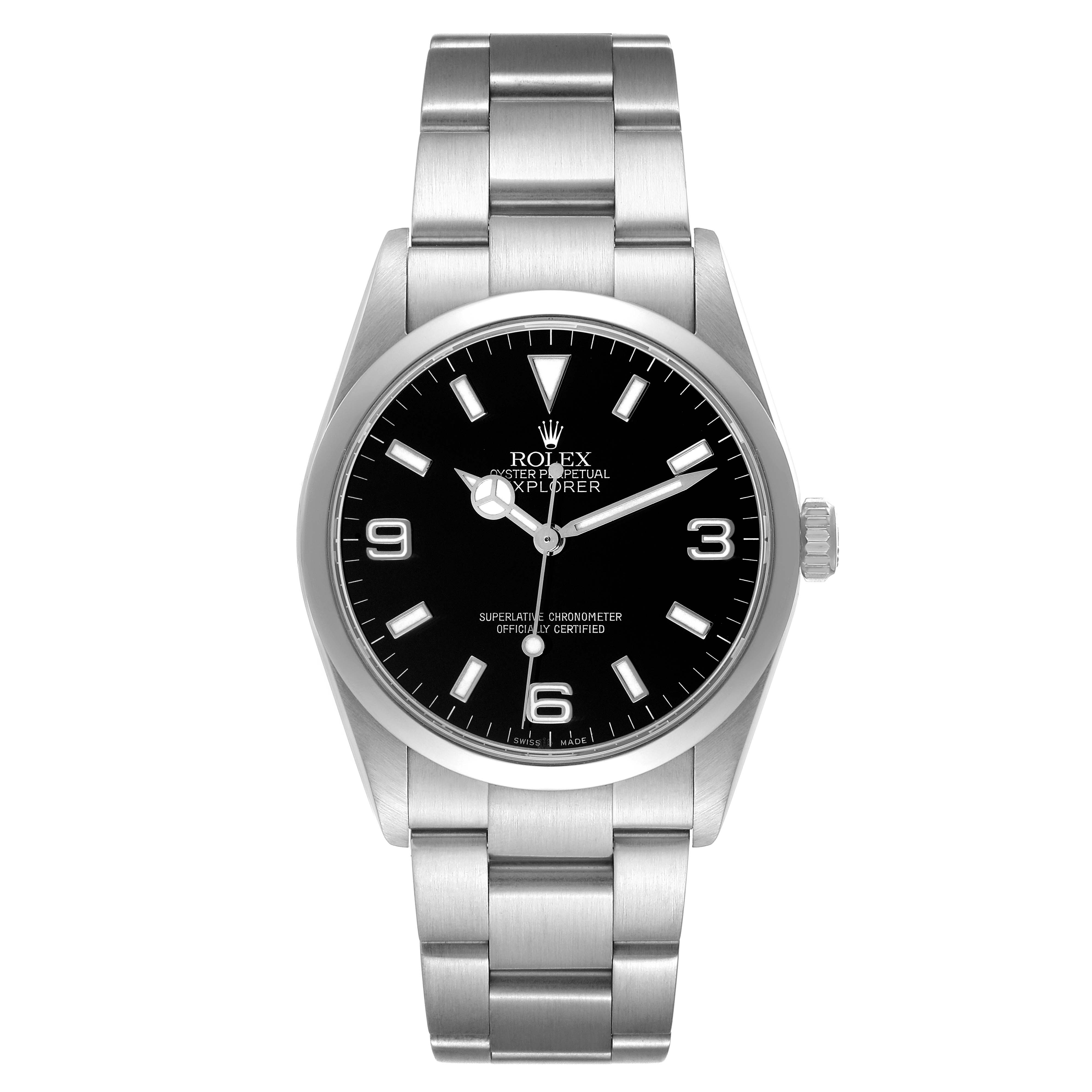 The Rolex Explorer model 114270 men
s watch is shown from the front, displaying the case, dial, bracelet, and crown.