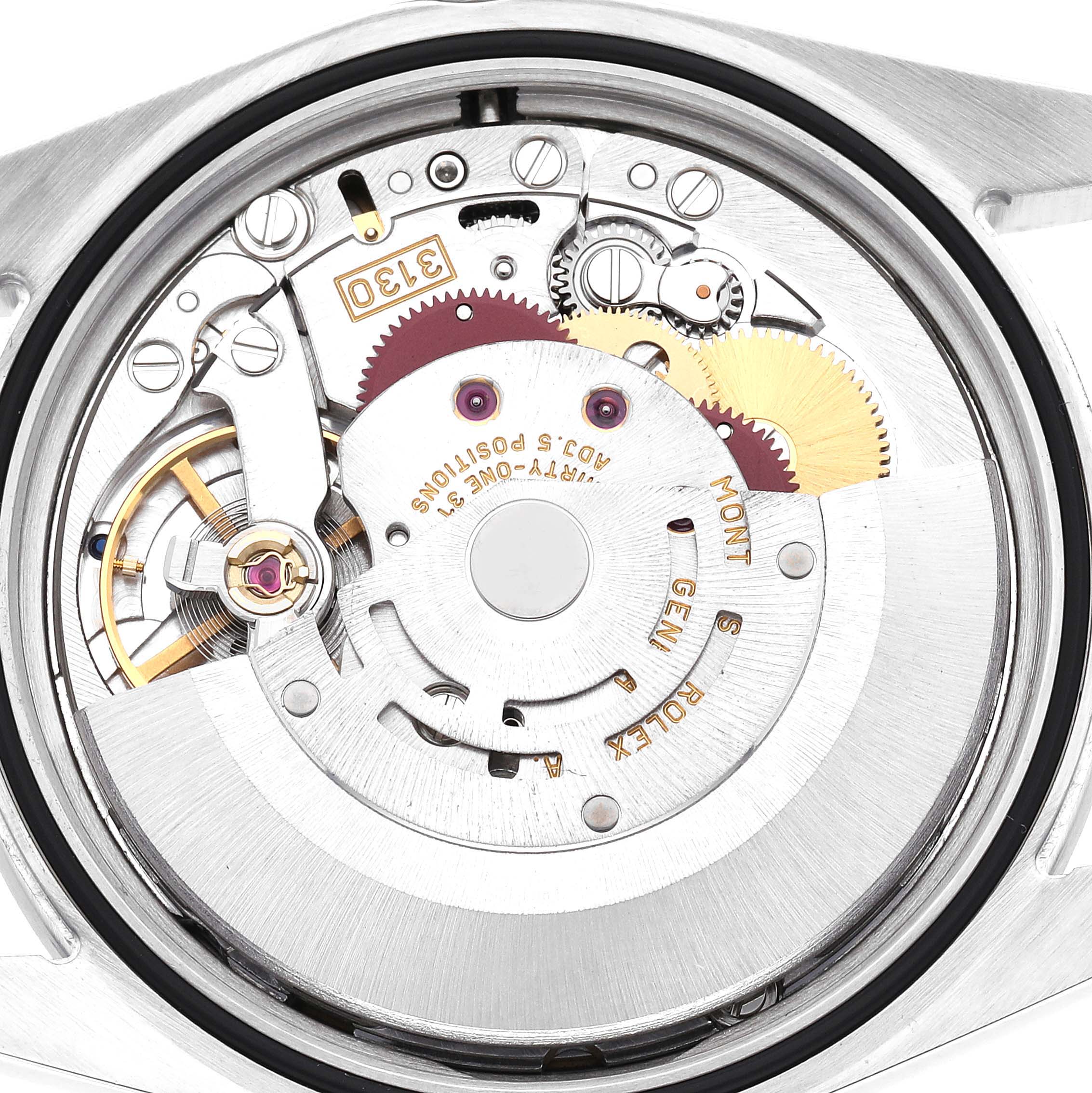 The image shows the movement of a Rolex Explorer model 114270 men
s watch, highlighting its intricate gears and components from a rear perspective.