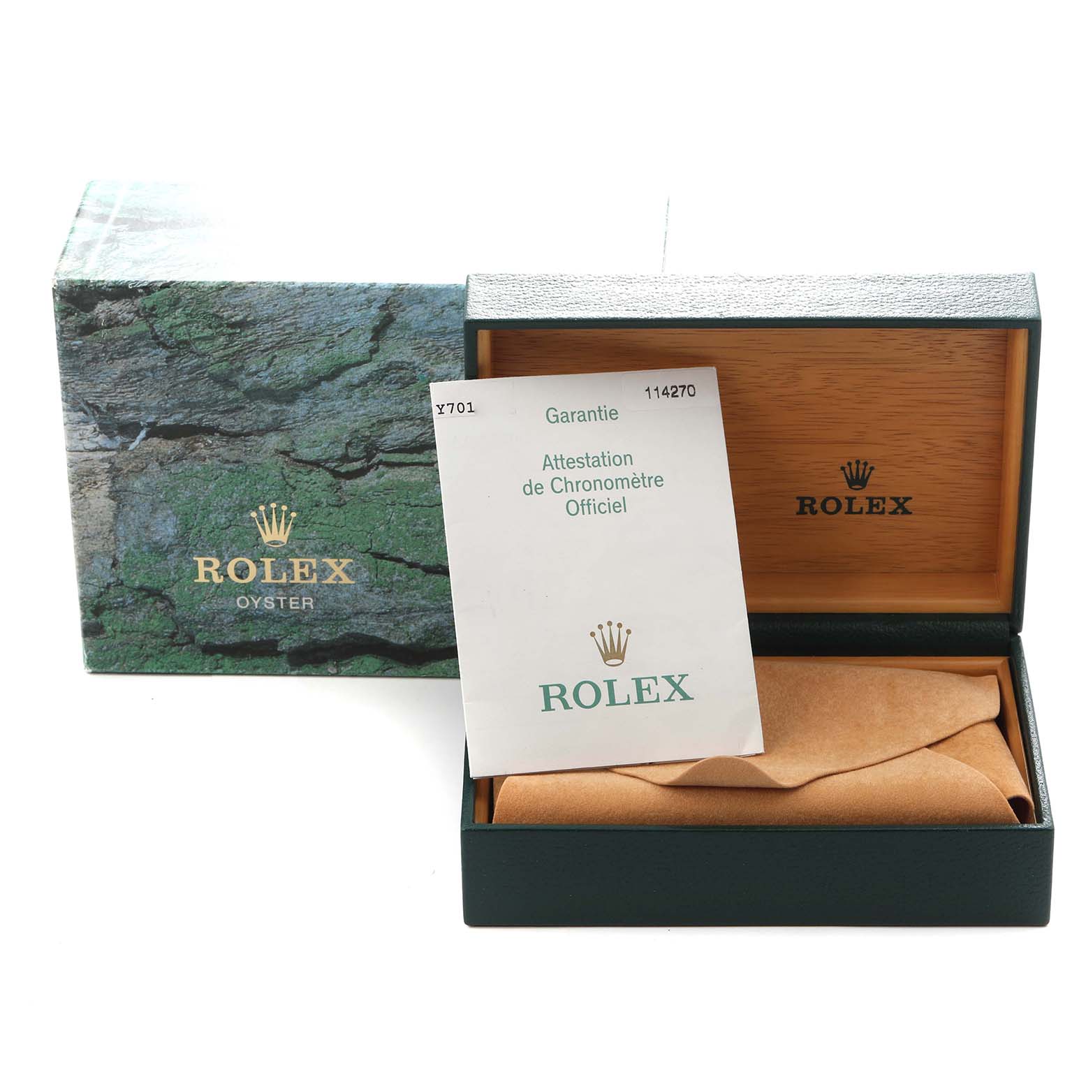 The image shows a Rolex Explorer model 114270 box, along with its warranty card and booklet, at an angle displaying the exterior and interior of the packaging.
