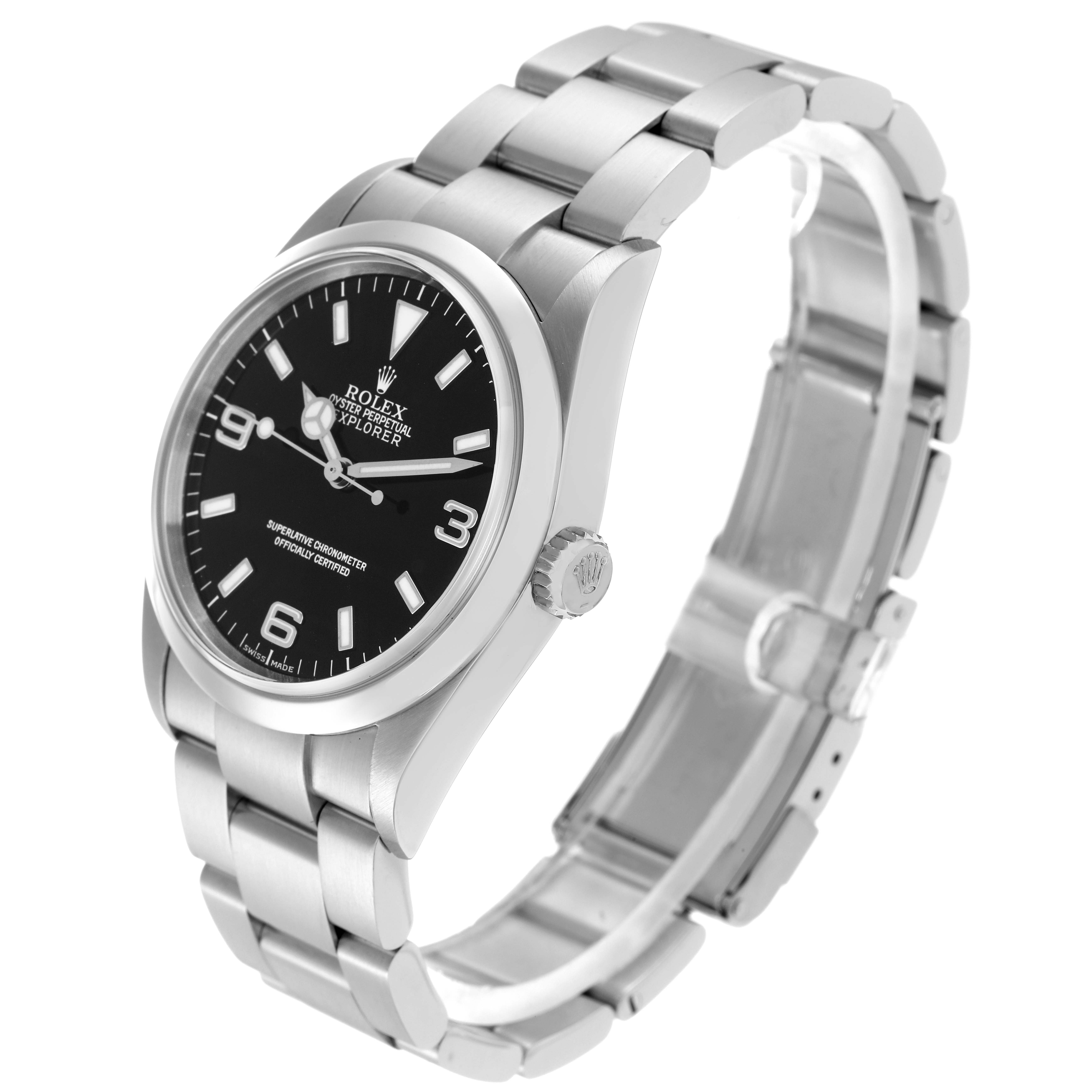 The Rolex Explorer model 114270 men
s watch is shown at a three-quarter angle, displaying its face, bezel, crown, and bracelet.