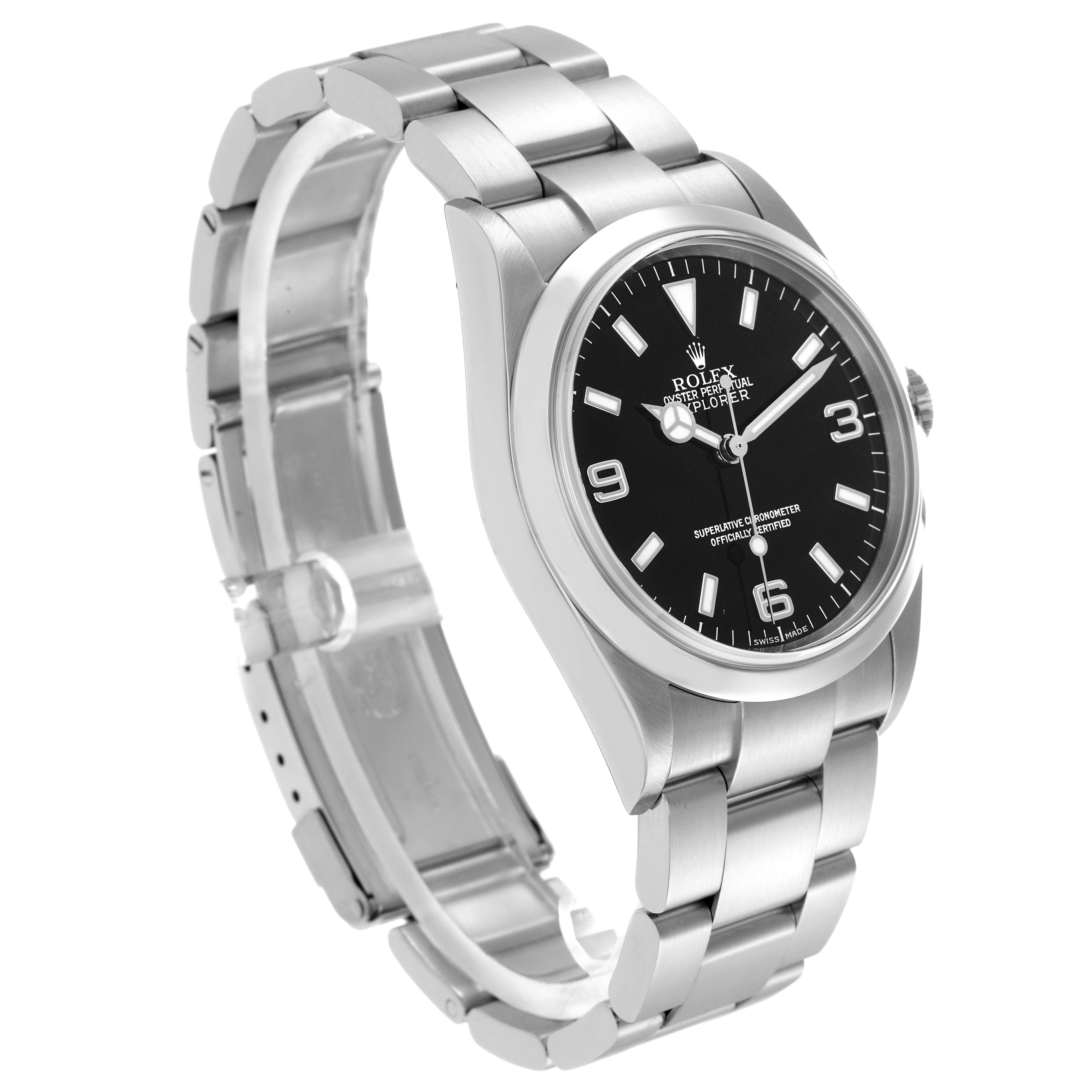 The image shows a Rolex Explorer model 114270 men
s watch at a three-quarter angle, highlighting the bracelet, black dial, and silver bezel.