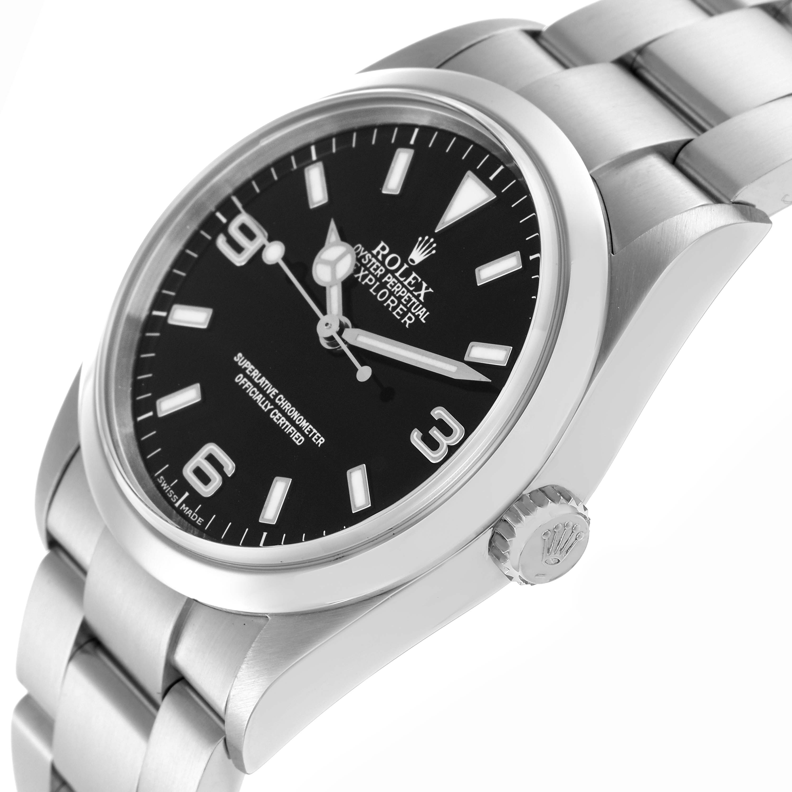The image shows a Rolex Explorer model 114270 from an angled side view, highlighting the black dial, silver hour markers, and the crown with the Rolex logo.