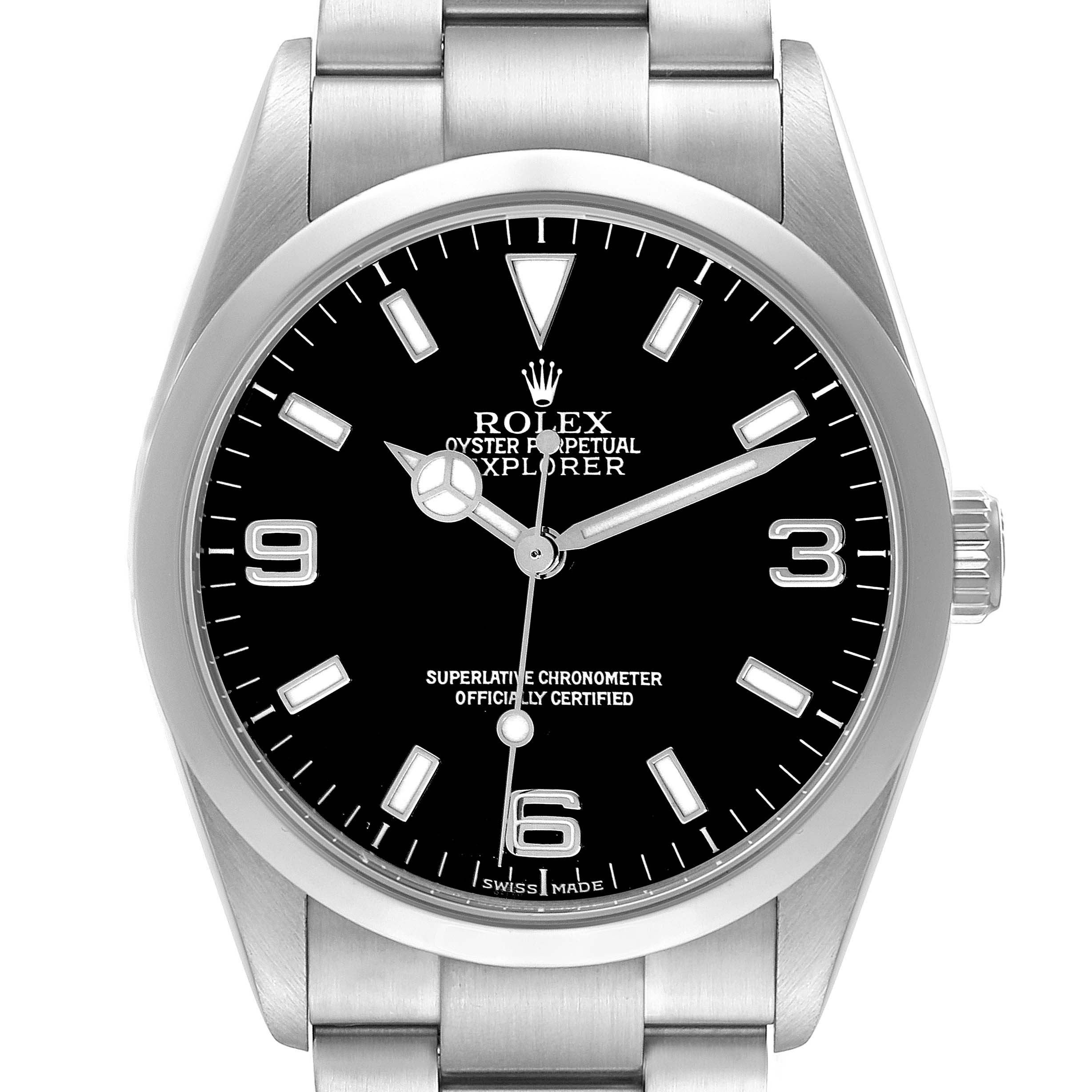 The Rolex Explorer model 114270 is shown from the front, highlighting the black dial, silver hands, markers, and the stainless steel bracelet.
