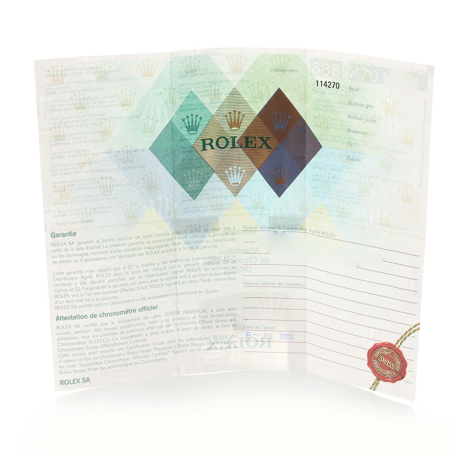 The image shows a warranty card for the Rolex Explorer model, model number 114270, with visible branding and details.