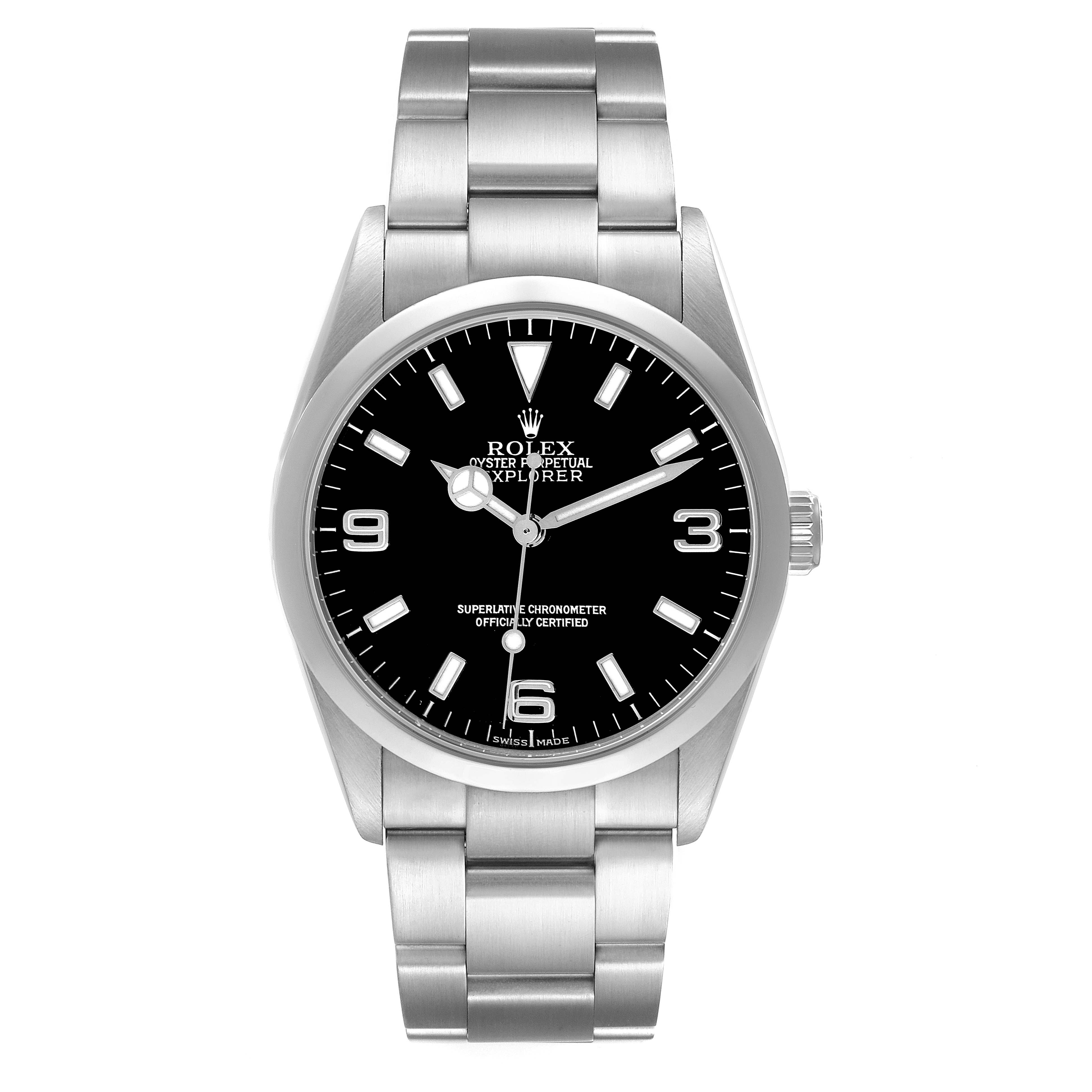 The Rolex Explorer model 114270 is shown from the front, displaying the dial, hour markers, hands, bezel, case, and bracelet.