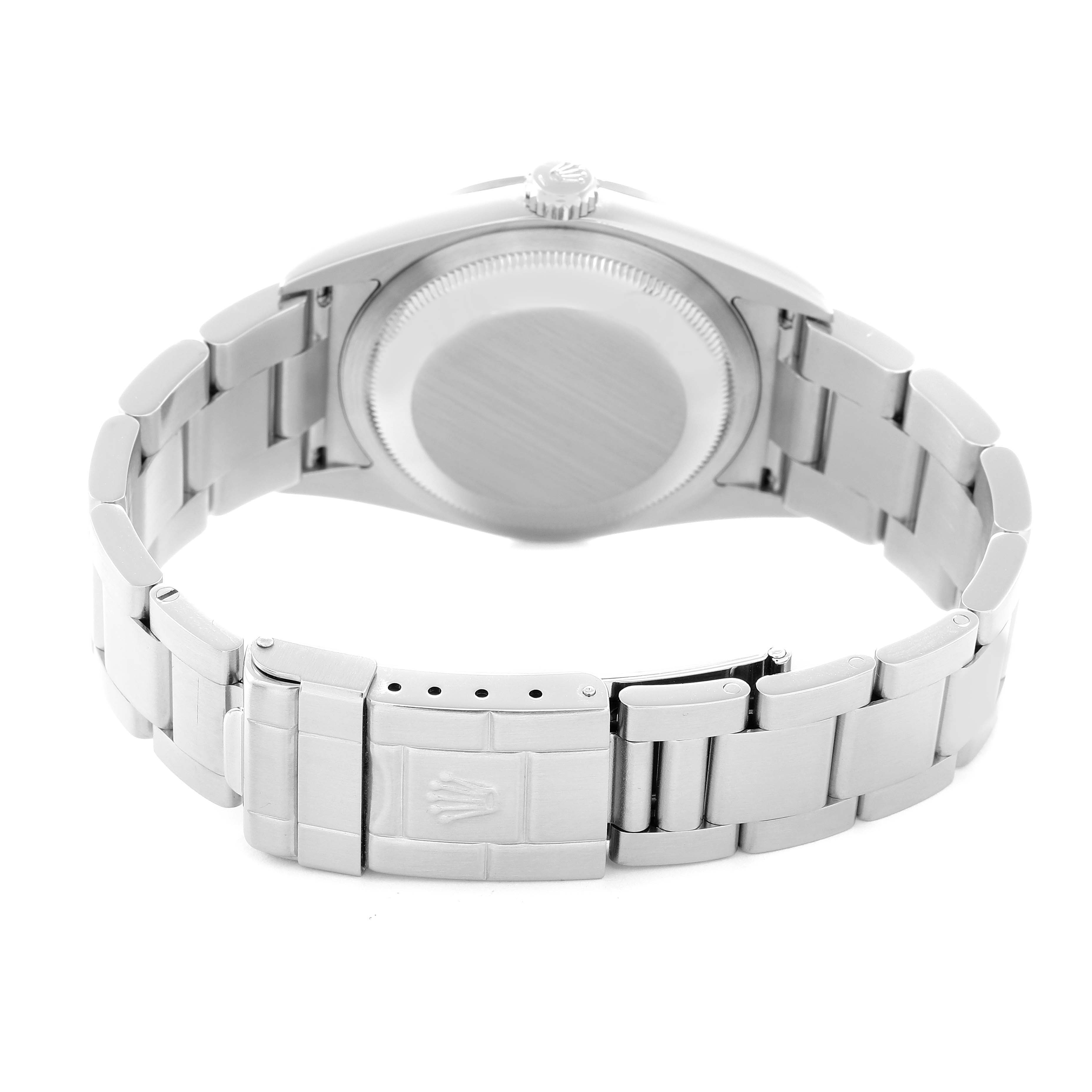 The image shows the back of a Rolex Explorer model 114270 men
s watch, highlighting the case back, bracelet, and clasp from an angled rear view.