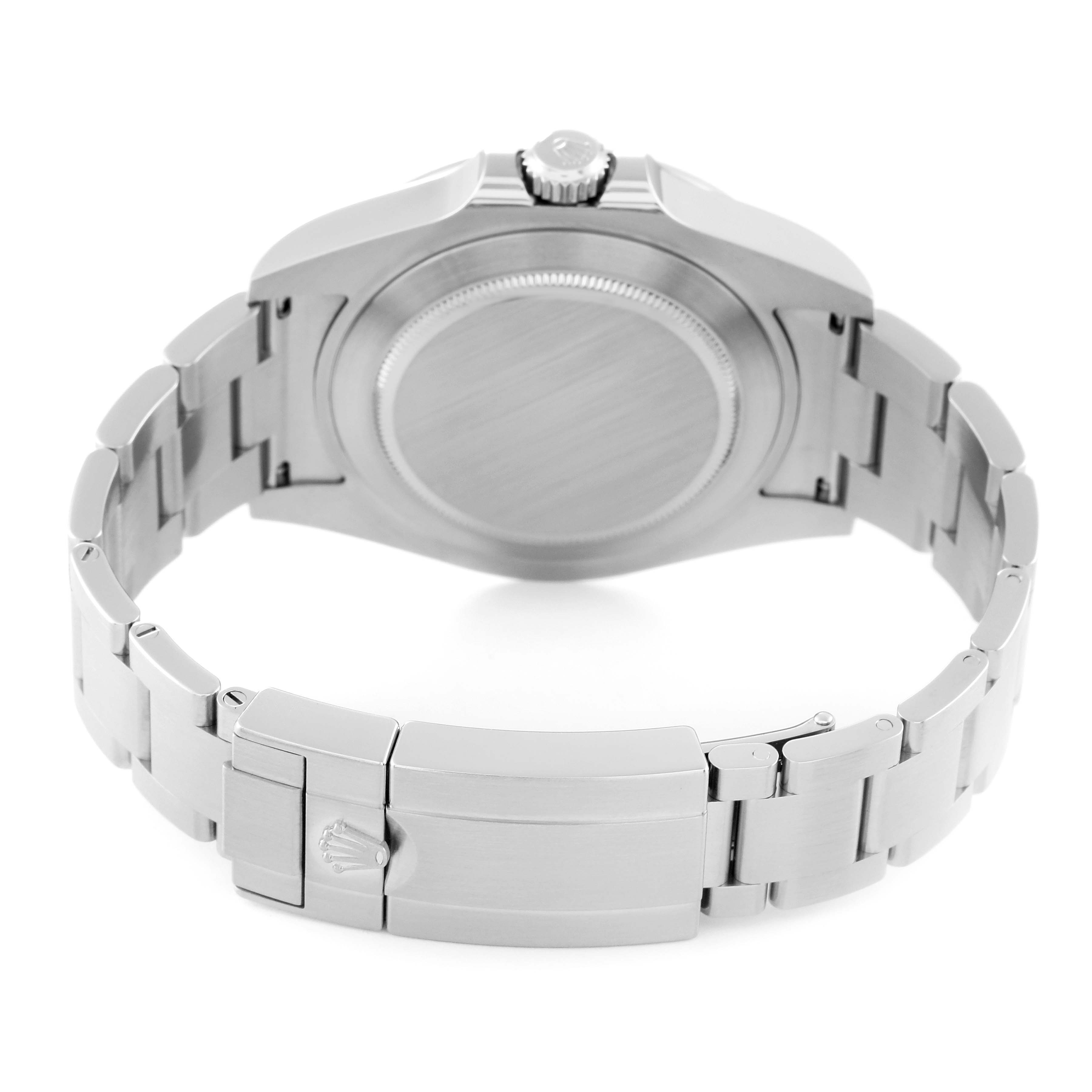 The image shows the back view of a Rolex Explorer 216570 Men
s Stainless Steel White Dial 216570 Men
s Stainless Steel White Dial watch, highlighting the caseback and clasp on the bracelet.