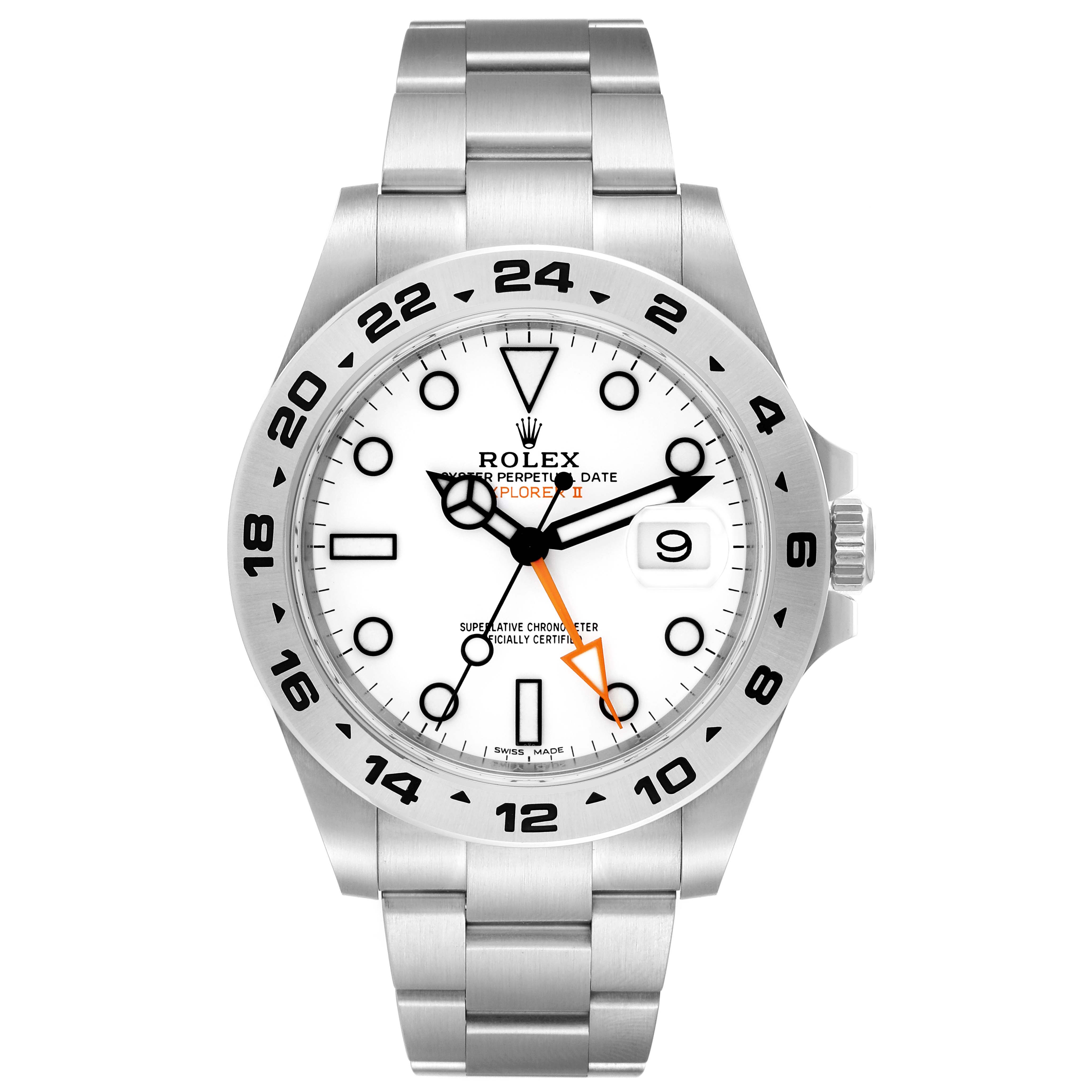 The image shows a frontal view of the Rolex Explorer 216570 Men
s Stainless Steel White Dial 216570 Men
s Stainless Steel White Dial II, showcasing its bezel, dial, and bracelet.