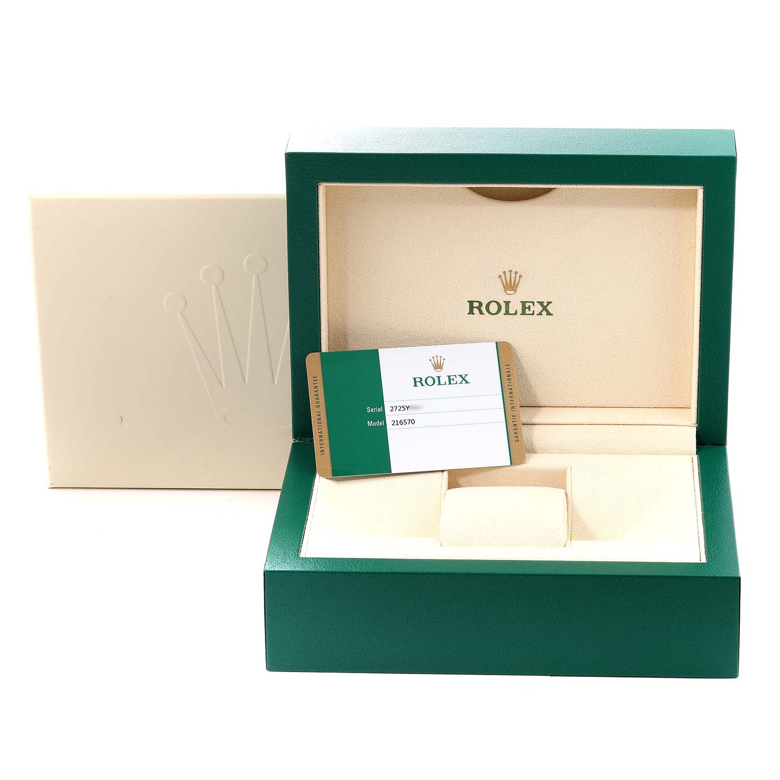 This image shows an open Rolex Explorer 216570 Men
s Stainless Steel White Dial 216570 Men
s Stainless Steel White Dial watch box and a warranty card.