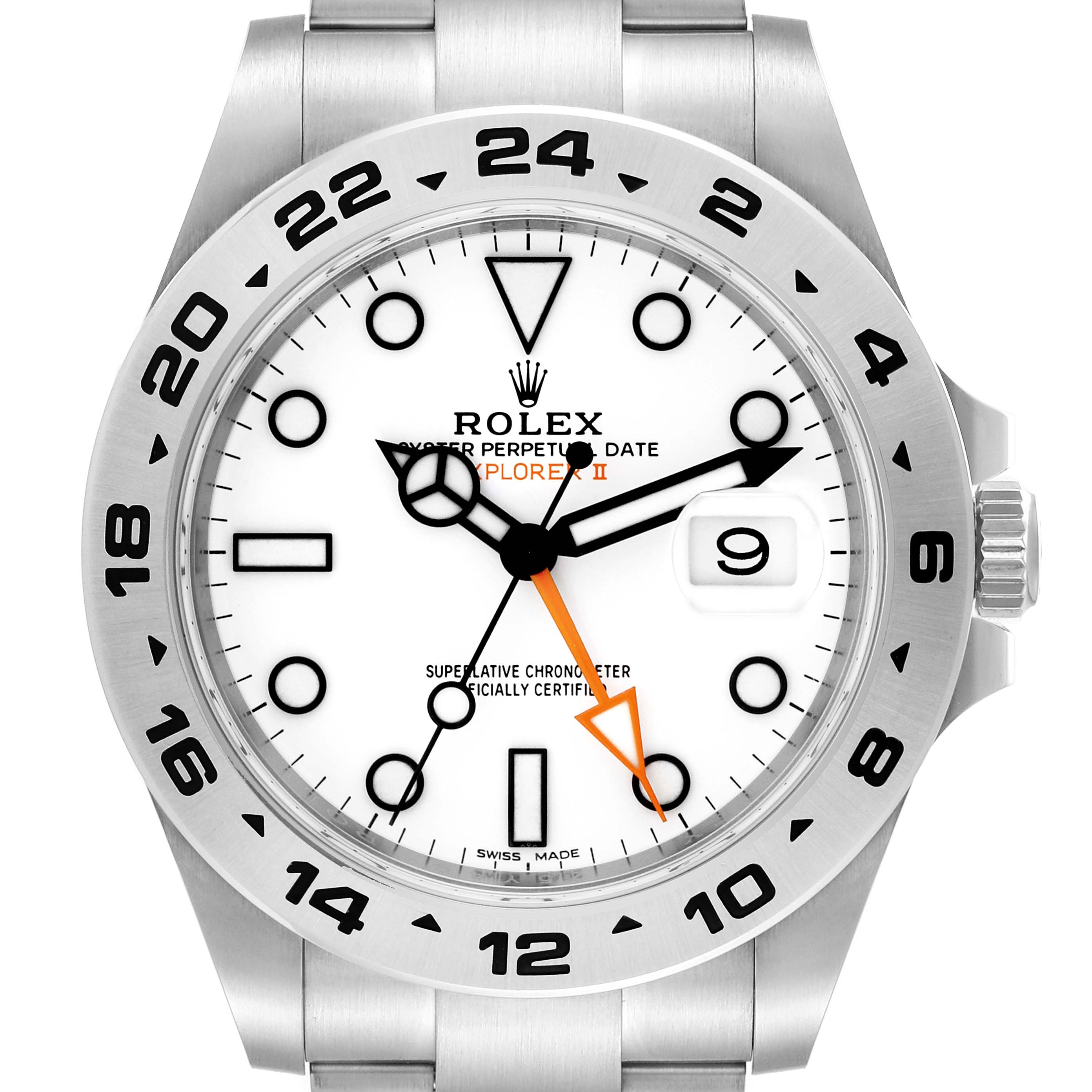 The Rolex Explorer 216570 Men
s Stainless Steel White Dial 216570 Men
s Stainless Steel White Dial model watch is shown from a front angle, highlighting its white dial, date window, and bezel with 24-hour markings.