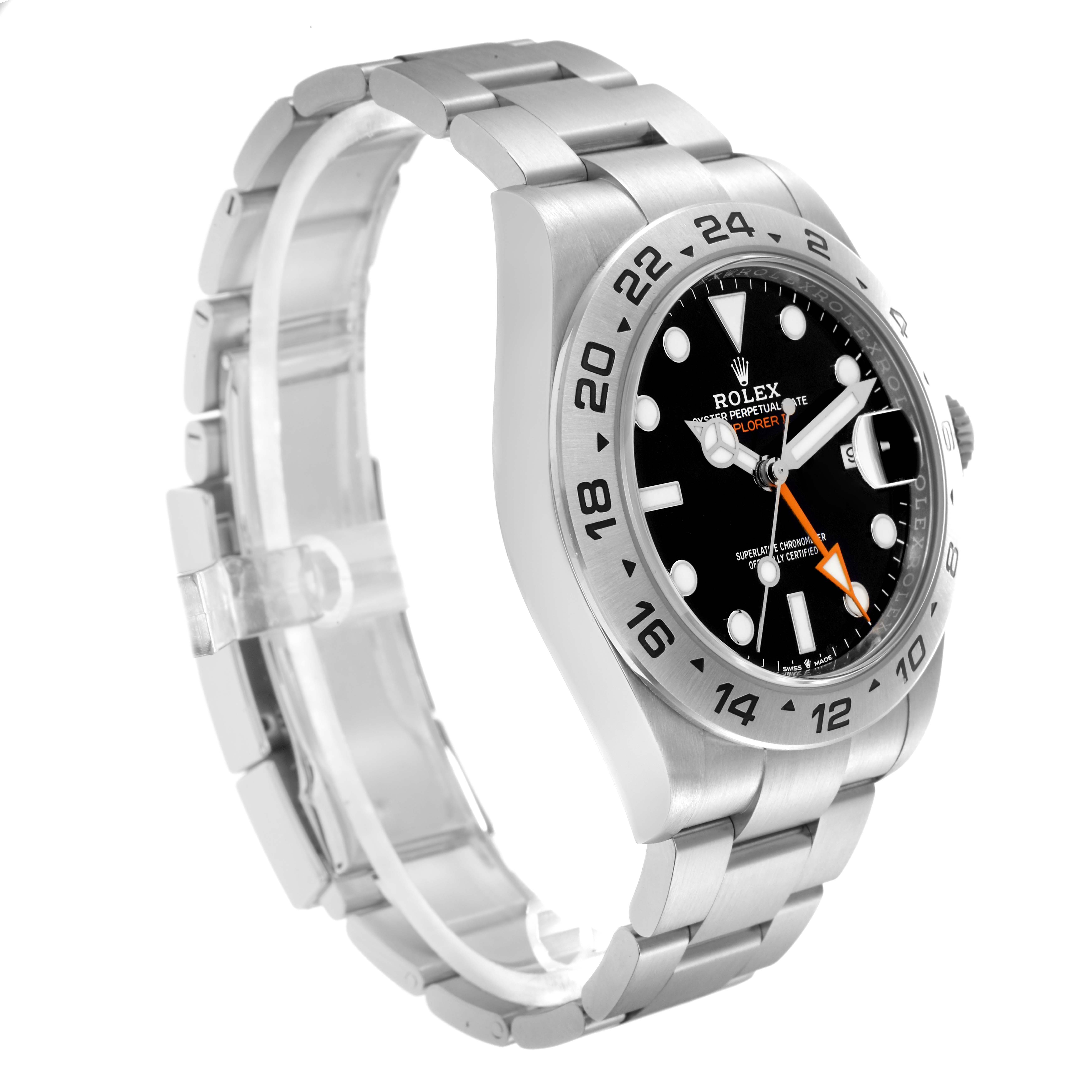The Rolex Explorer model 226570 men's watch is shown from a slightly angled side view, highlighting the bracelet, bezel, and dial.