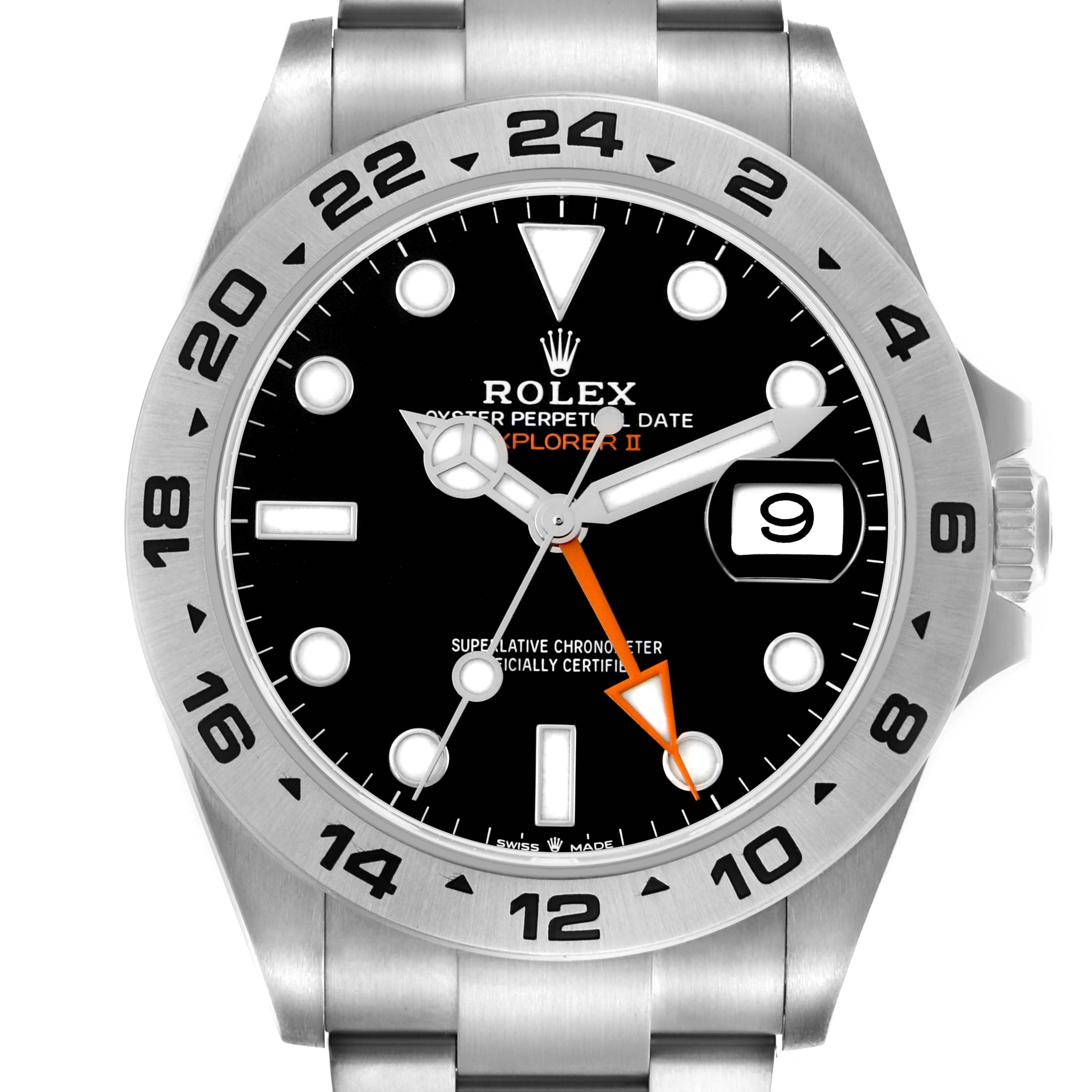 The Rolex Explorer model 226570 is shown from the front, displaying the black dial, hands, date window at 3 o'clock, and the 24-hour bezel.