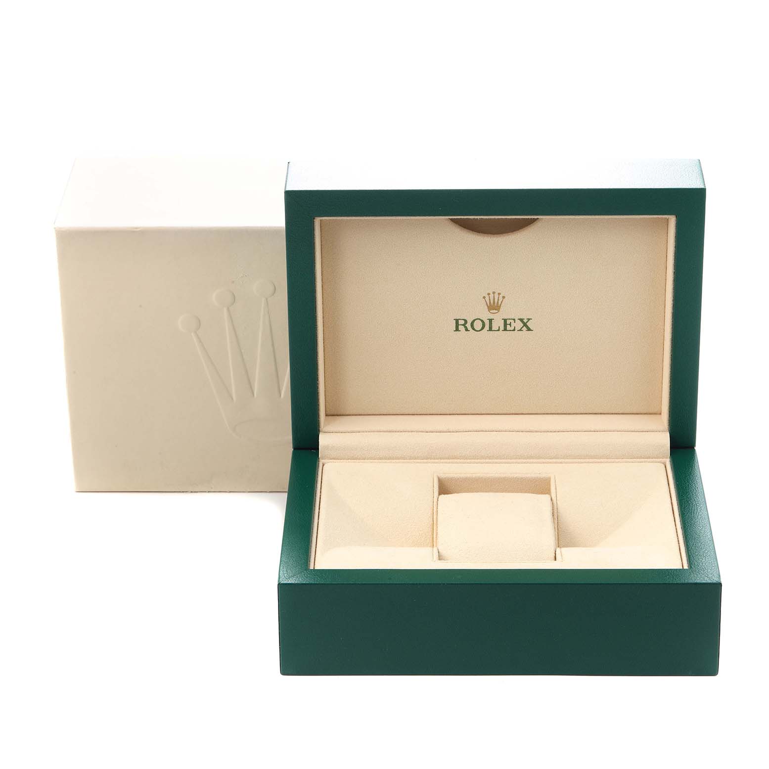 The image shows an open green and beige Rolex watch box, designed for the Explorer model number 226570, with the outer box partially visible.