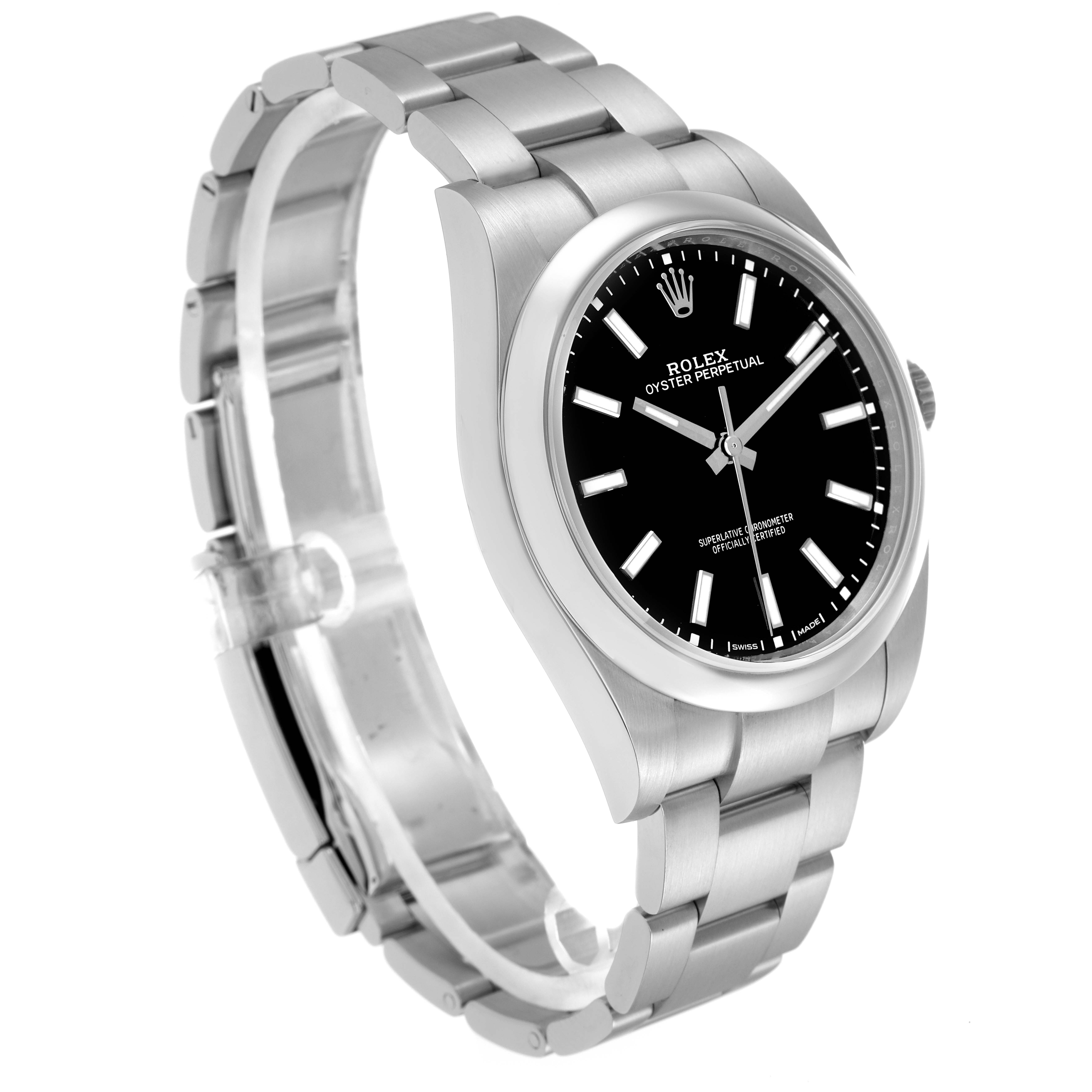 The Rolex Oyster Perpetual model 114300 is shown from a front-left angle, highlighting the dial, bezel, crown, and bracelet.