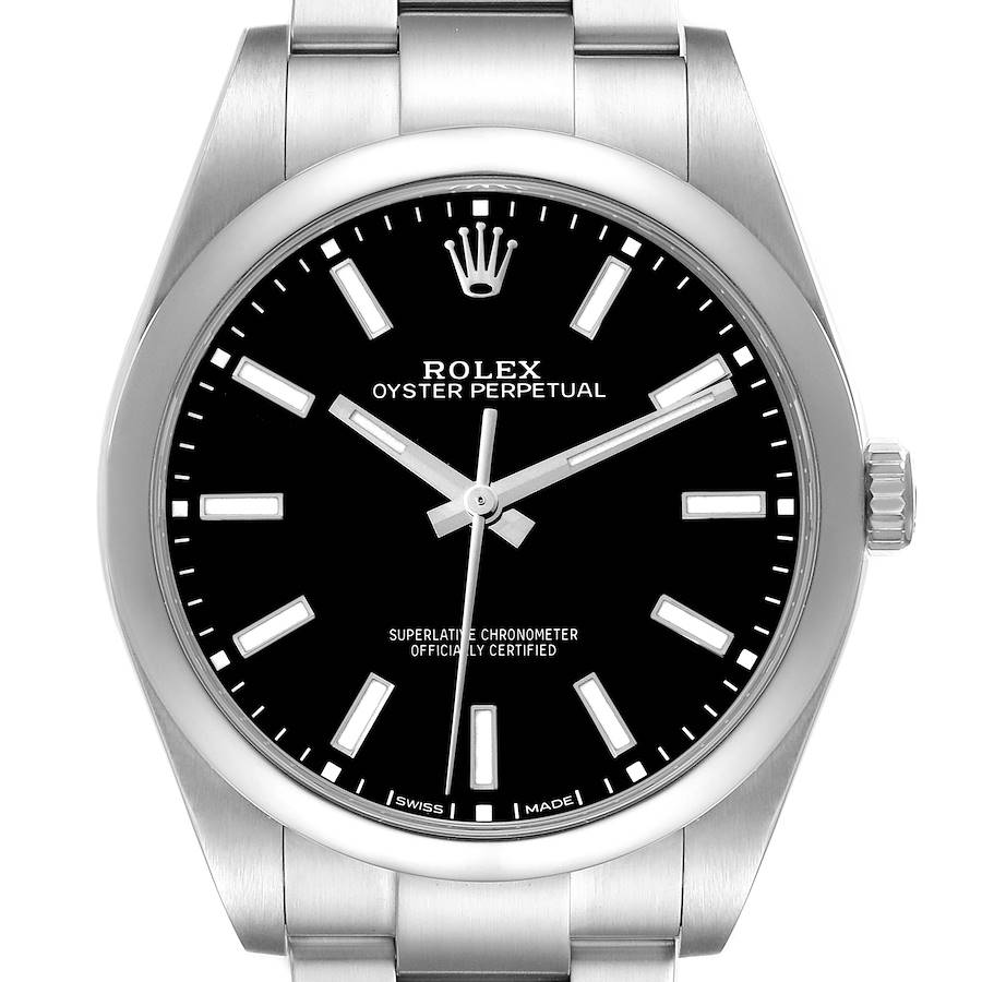 The Rolex Oyster Perpetual model 114300 watch is shown from a front angle, displaying its dial, markers, hands, crown, and part of the bracelet.