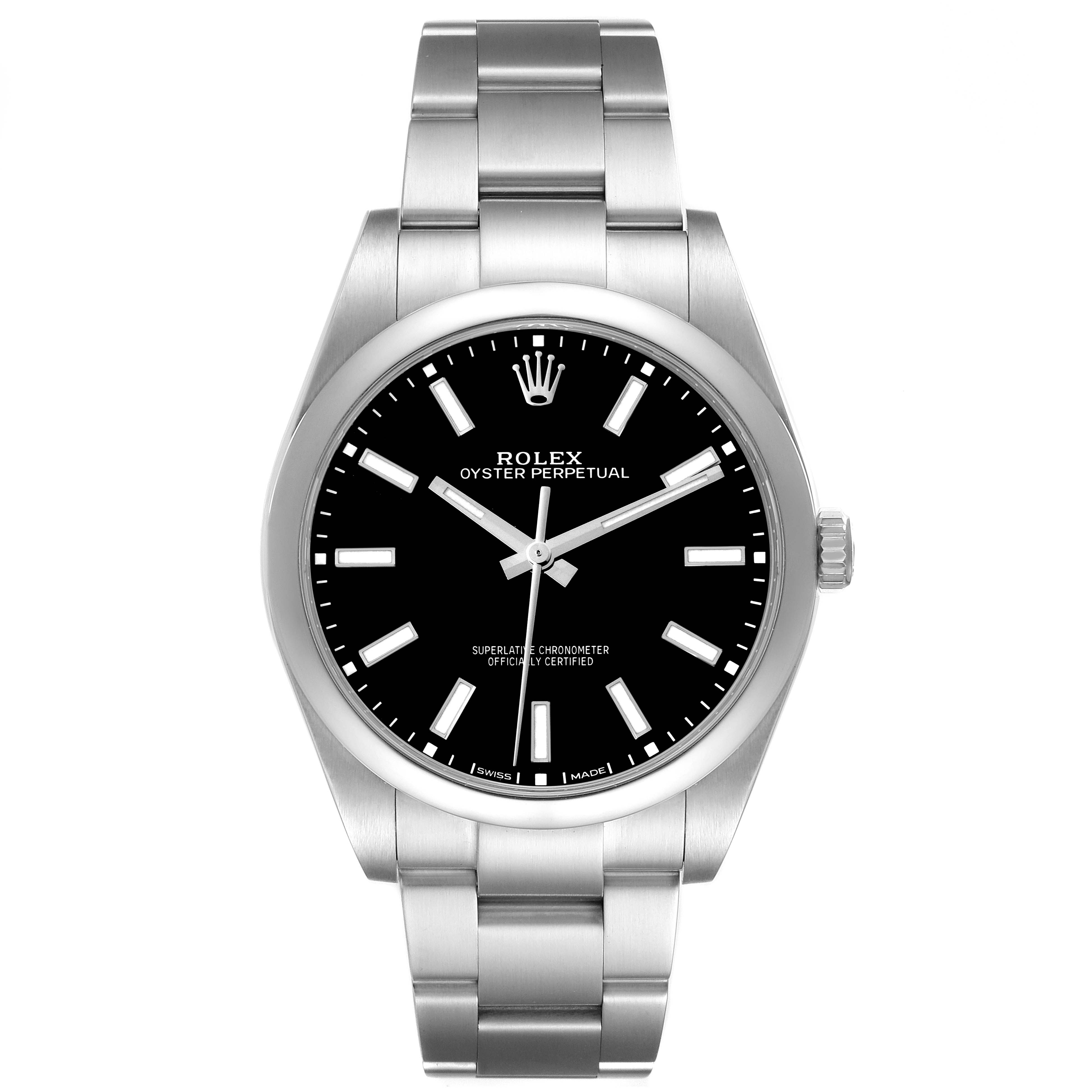 The Rolex Oyster Perpetual model 114300 is shown from a front angle, displaying the watch face, bezel, and part of the bracelet.