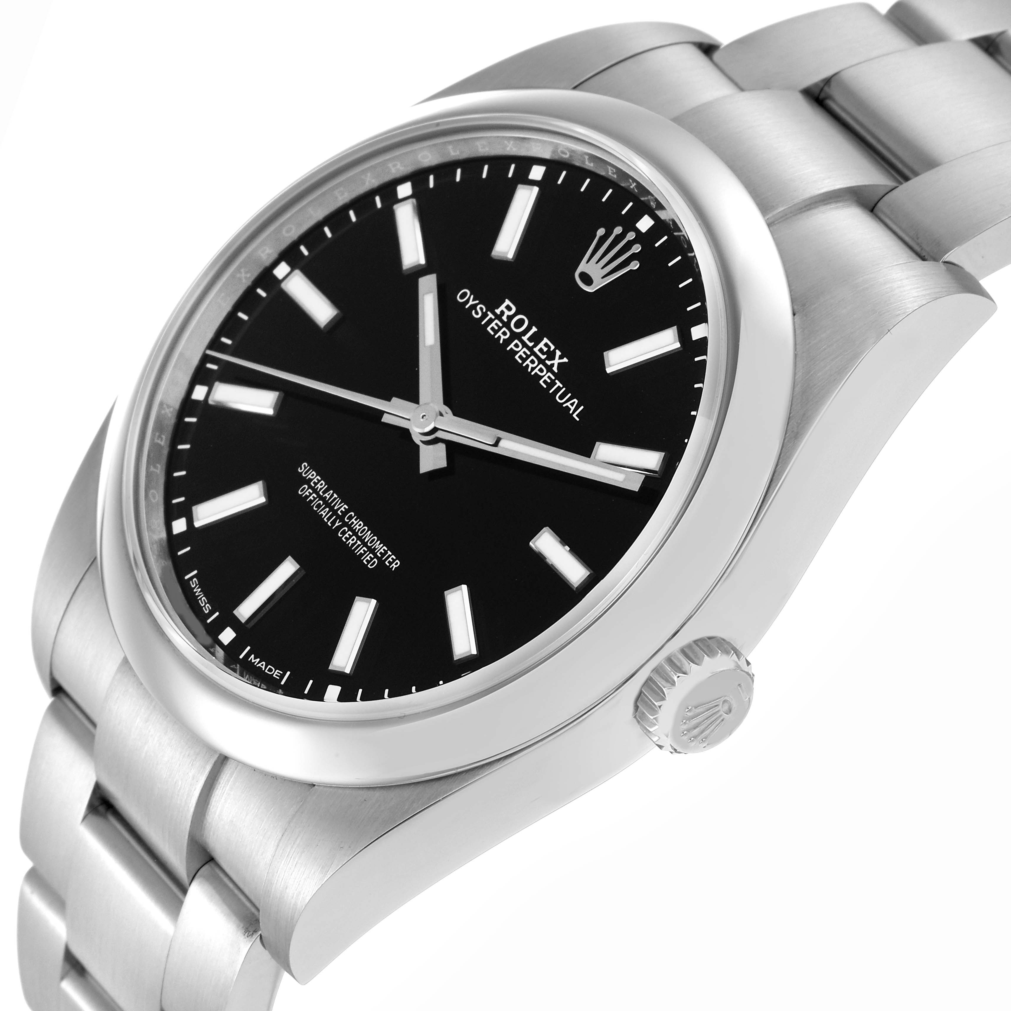 The Rolex Oyster Perpetual model 114300 is shown at a slight angle, displaying the face, crown, and the bracelet partially.