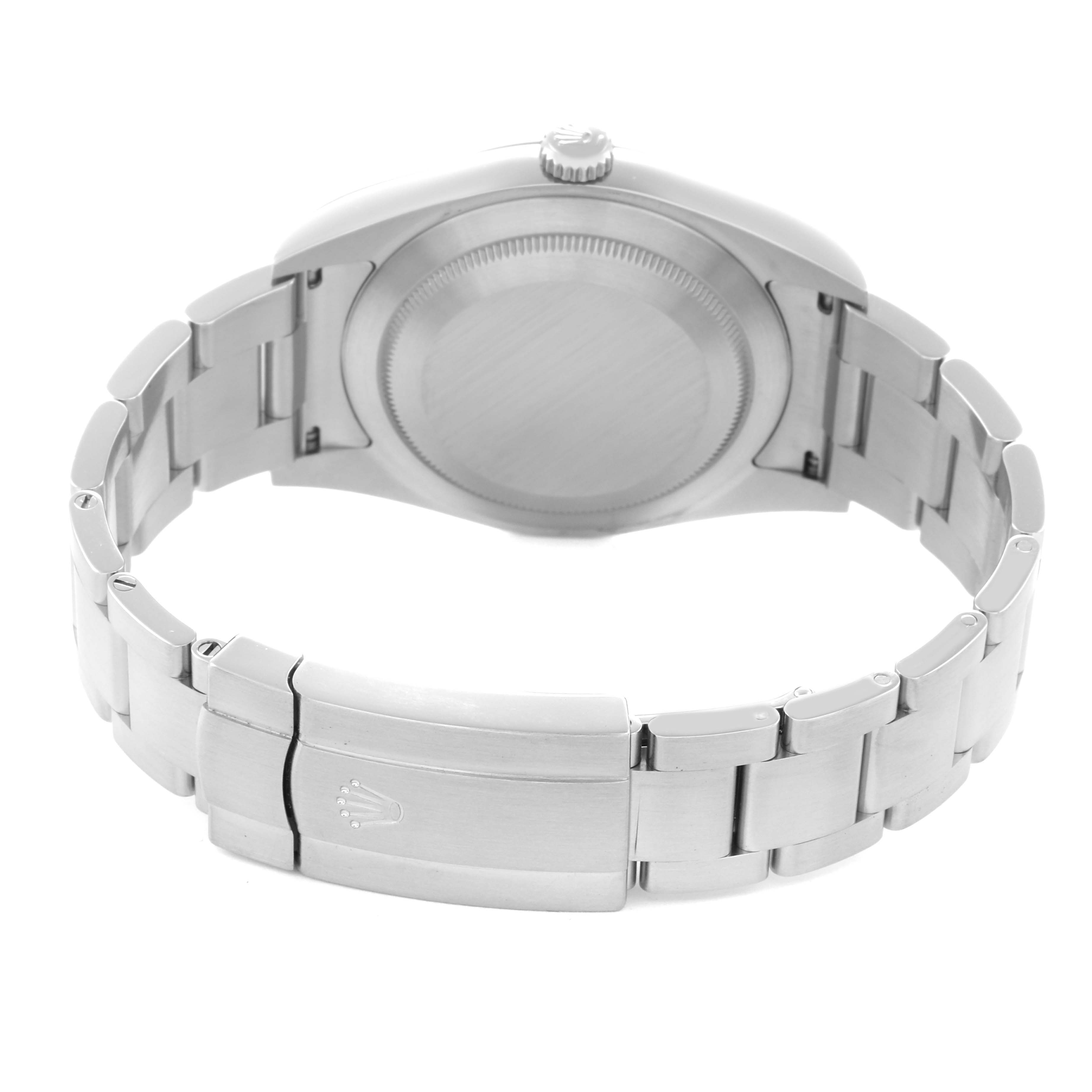 The image shows the back and bracelet of a Rolex Oyster Perpetual model number 114300 men's watch, highlighting the clasp and case back.